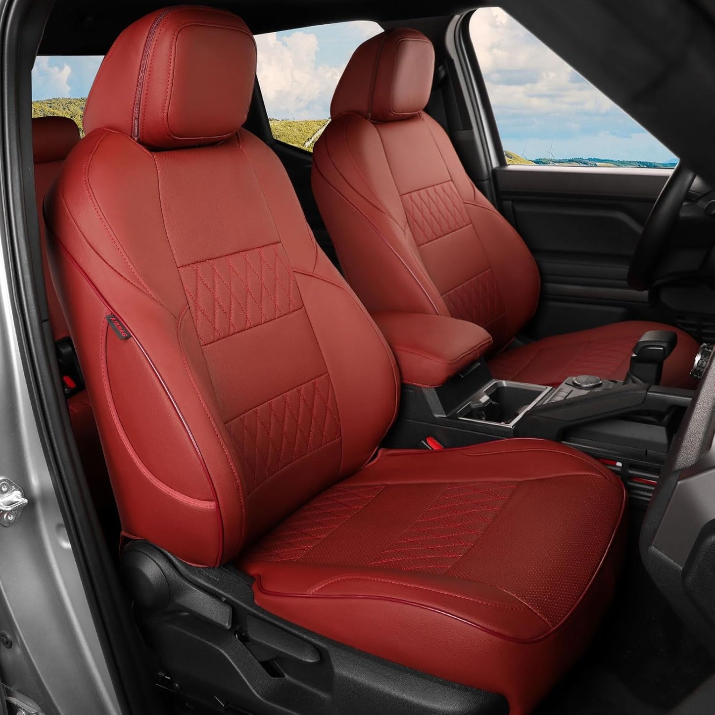 EKR Tacoma Seat Covers for Toyota Tacoma (Only for Hybrid) 2024 2025 Double cab TRD Sport,TRD Off-Road,Limited,Trailhunter - Car Seat Cover Full Set for Trucks,Leather(Burgundy)