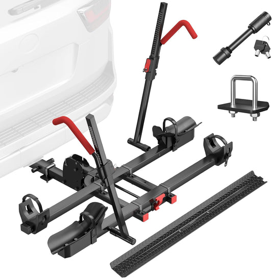 Hitch 2 EBike Rack with Ramp, 170lbs Capacity Foldable Electric Bike Carrier for 2 Heavy Ebike, Up to 5" Fat Tire Bicycle for 2" Receiver for Car, SUV, RV, Truck, Black