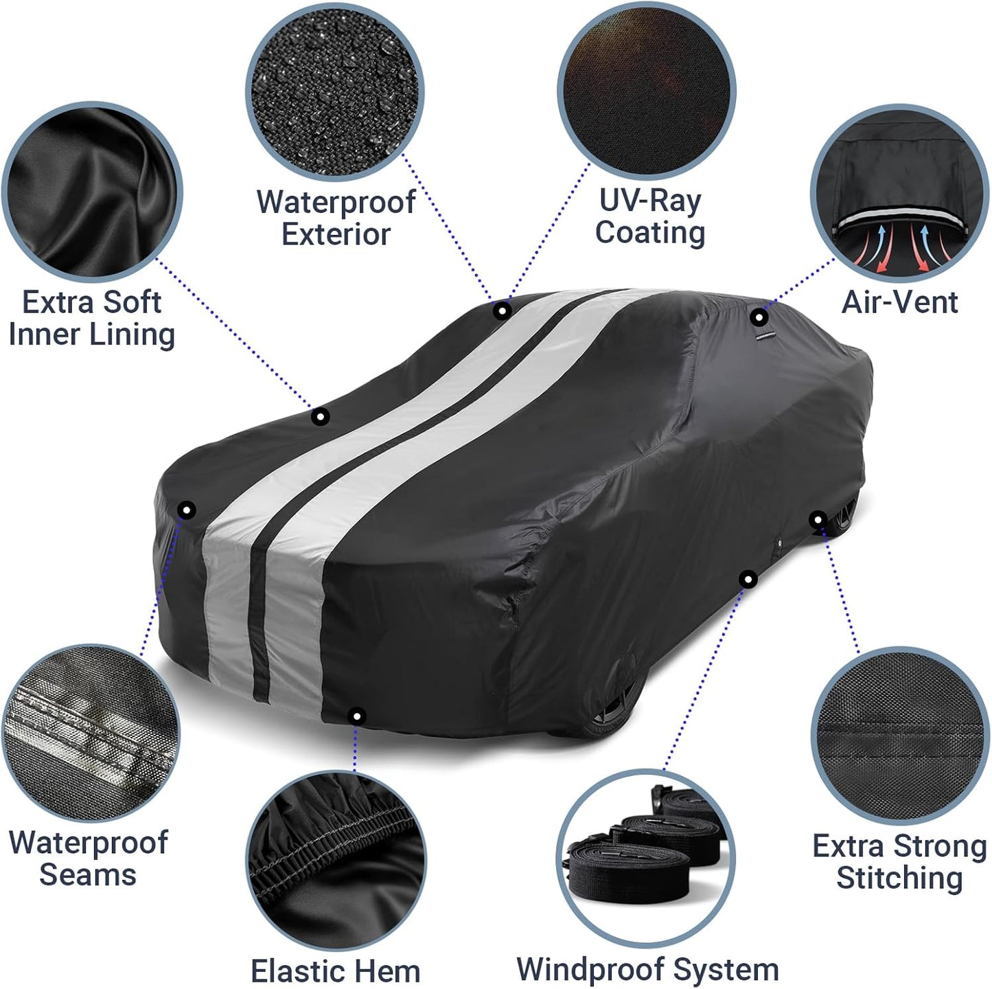 iCarCover Custom Car Cover for Pontiac Executive (1967-1970) Waterproof All-Weather Rain Snow UV Sun Protector Full Exterior Indoor Outdoor Car Cover (Stripe - Black/Gray)