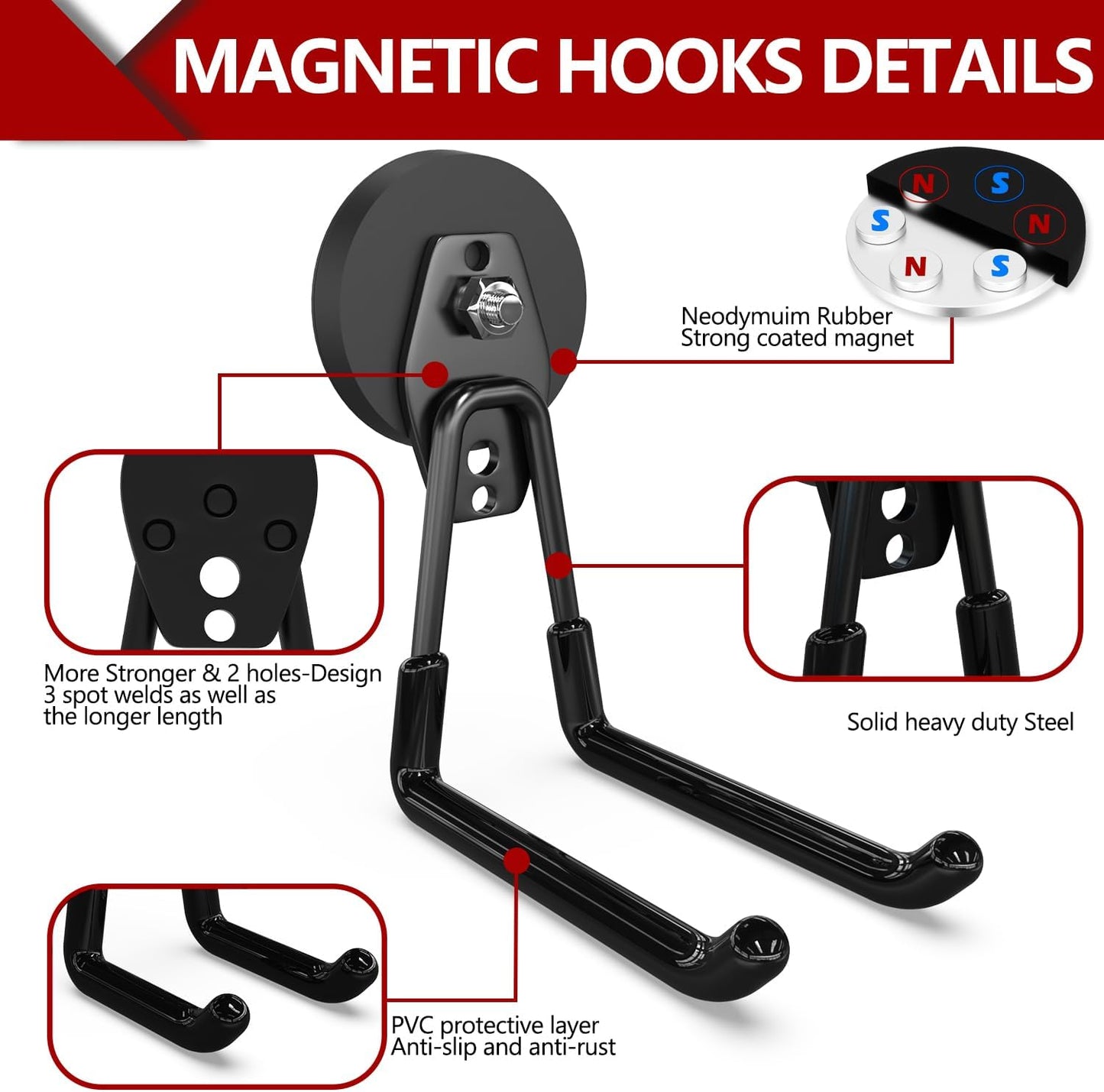 3-H Heavy Duty Magnet Garage Hooks 4 Pack, Extra Large Strong Magnetic Hooks for Hanging Cordless Power Drill, Utility Magnetic Tool Holder for Metal Cabinet, Steel Pegboard, Toolbox, Garage(Black)