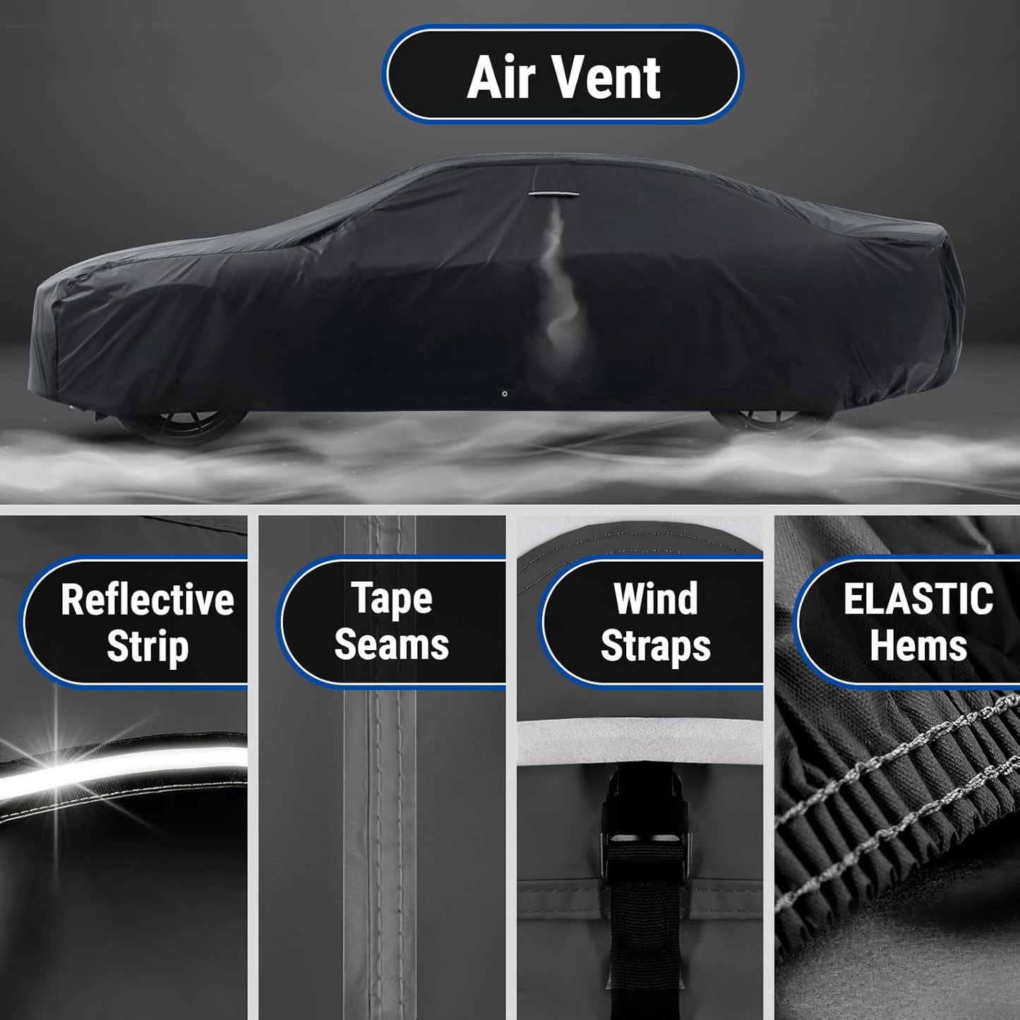 iCarCover Custom Car Cover for Chevy Nova 4-Door Sedan (1985-1988) Waterproof All Weather Rain Snow UV Sun Protector Full Exterior Indoor Outdoor Car Cover (Stripe - Black/Gray)