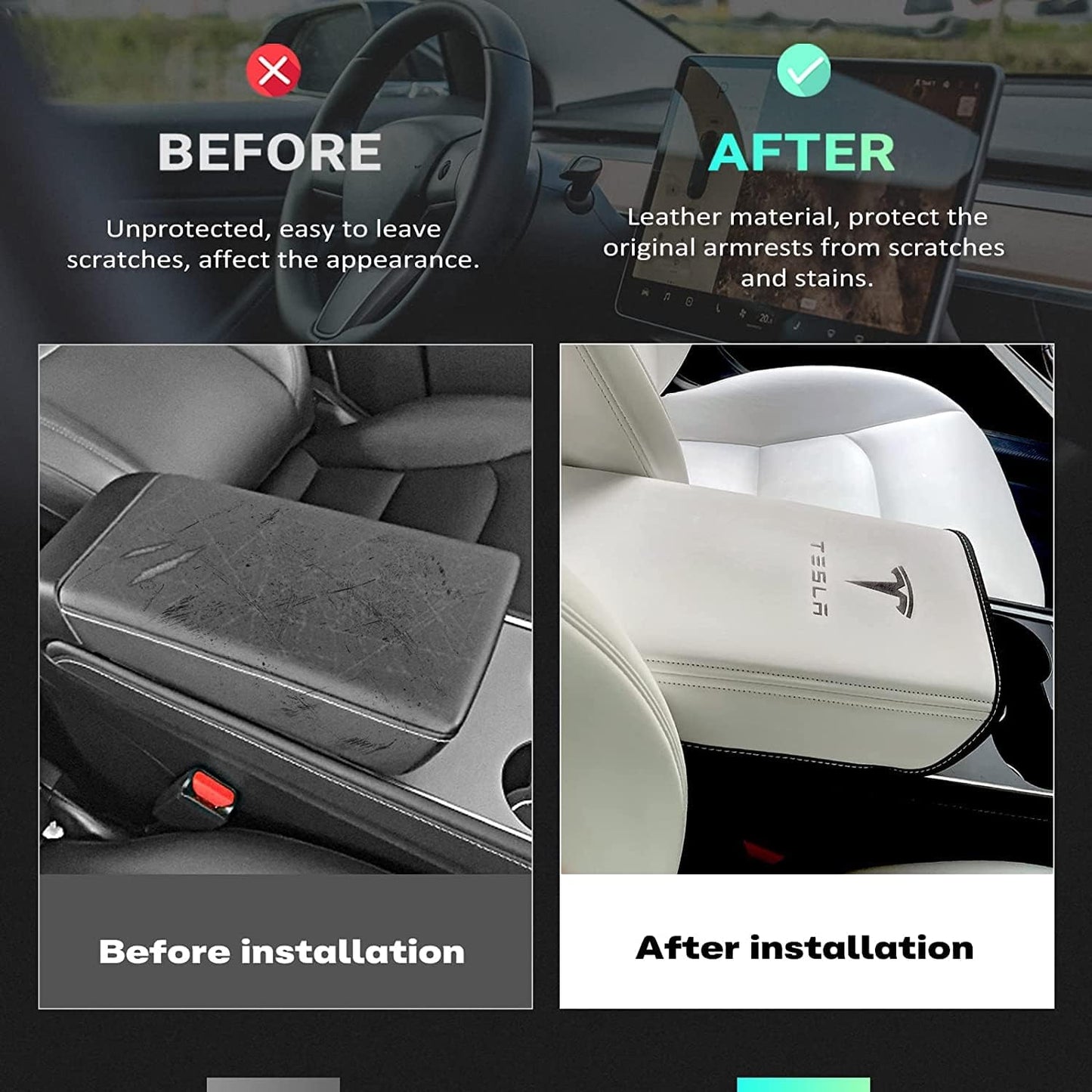 Car Armrest Cover for Tesla Model 3 Y Leather Center Console Armrest Box Cover Anti-Scratch Protector Pad Interior Accessories for Tesla Model 3 Model Y 2017-2023