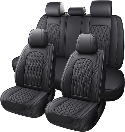 WELLDO Car Seat Covers Full Set, Leather Seat Covers for Cars, Car Seat Protector Waterproof, Non-Slip Car Interior Covers Full Set Universal Automotive Seat Covers for Most Cars SUVs, Black