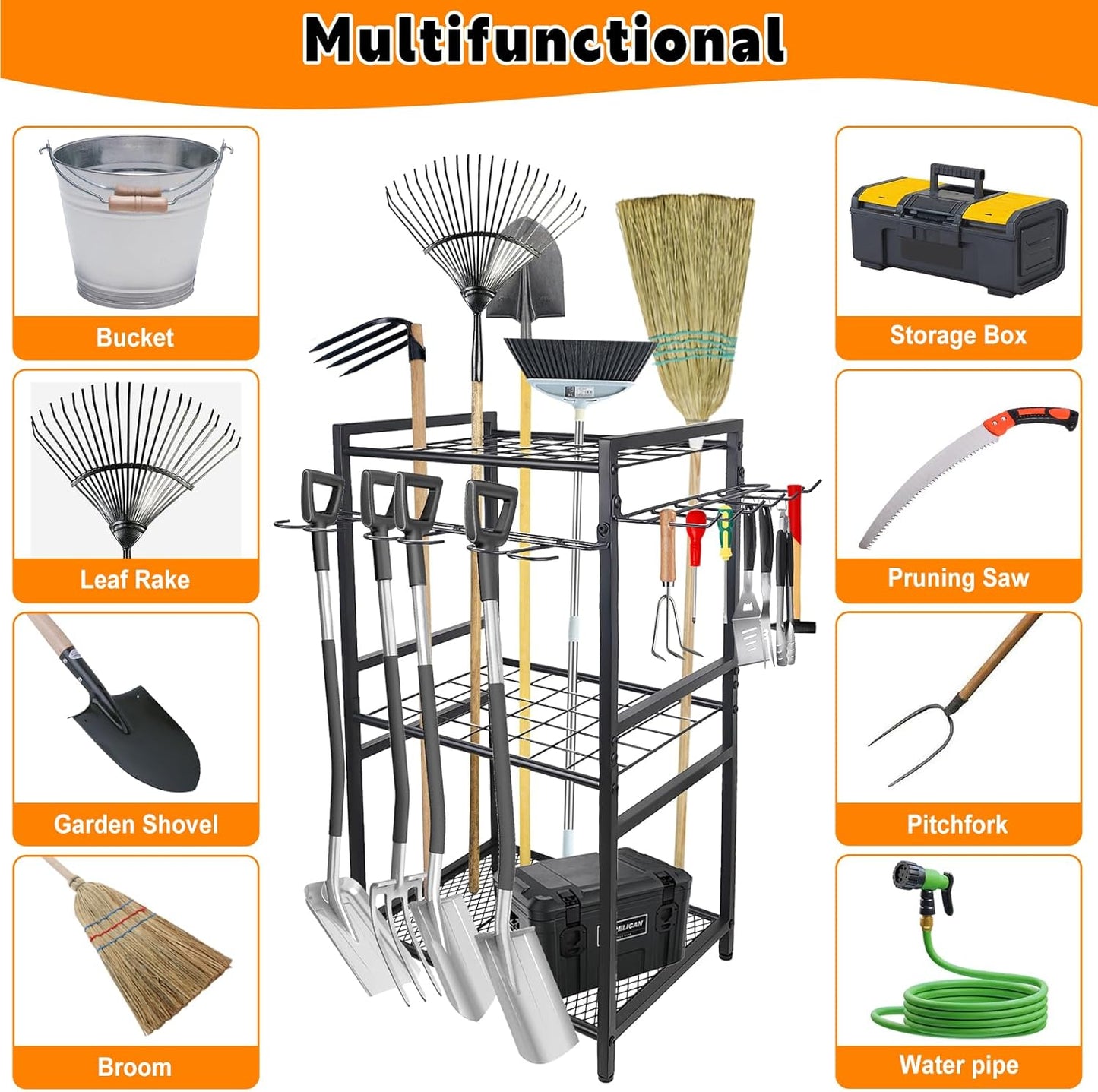 3 Tier Garden Tool Organizer, Yard Tool Tower Rack, Tool organizer up to 78 Tools, Heavy Duty Garden Tool Organizer for Garage, Yard, Patio, Shed, Indoors and Outdoors, Black
