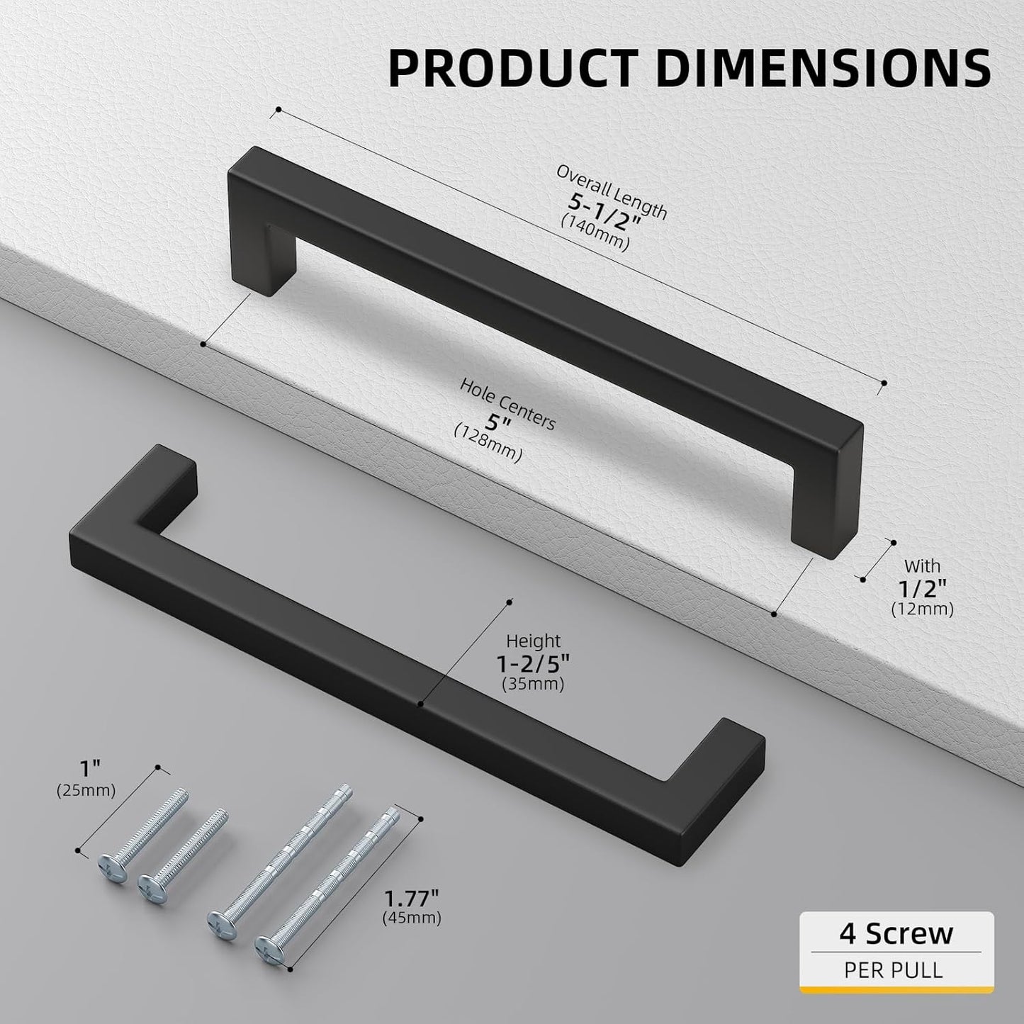 goldenwarm 1 Pack 5 Inch Black Cabinet Handles - Matte Black Drawer Pulls Stainless Steel - 128mm Cabinet Hardware Square Bar Modern Cabinet Pulls for Kitchen Bathroom Cupboard