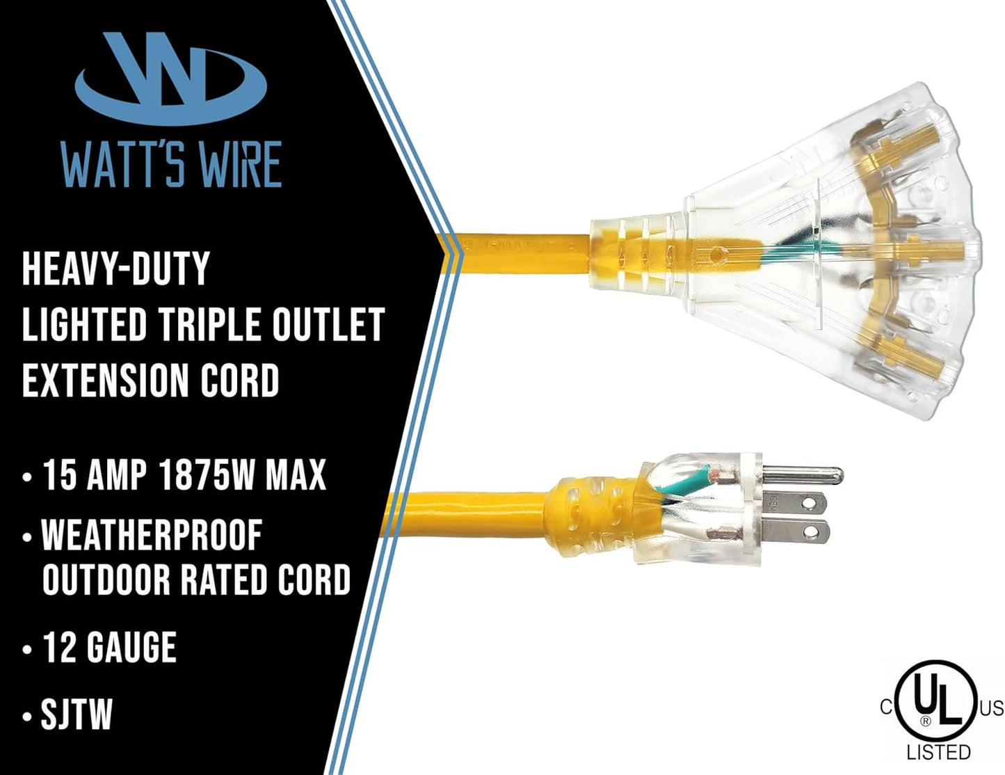 6 ft - 12 Gauge Heavy Duty Extension Cord - 3 Outlet Lighted SJTW - Indoor/Outdoor Extension_Cord by Watt's Wire - 6' 12-Gauge Grounded 15 Amp ExtensionCord Splitter