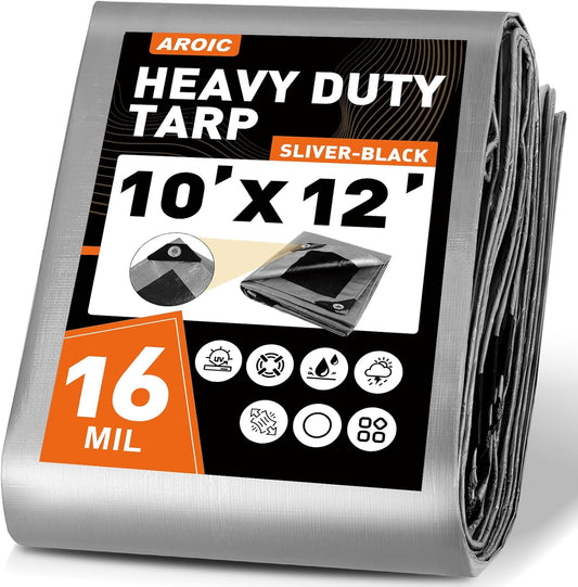 AROIC 10x12FT Heavy Duty Tarps Waterproof, 16 Mil Thick Camping Tarp-15x17 Weave, Large Waterproof Tarp, Tarp Tear Resistant, UV Resistant, Multipurpose Protective Cover for Tent, Car, Roof, Boat