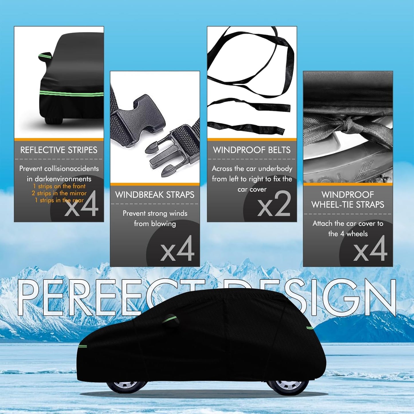 Replace for 2007-2023 Fiat 500/500C Car Cover 210D Outdoor Waterproof UV Snow Rain Protection, with Cotton Layer, Zipper Door, Reflective Strip, Storage Bag, for Abarth Turbo Sport Lounge Pop