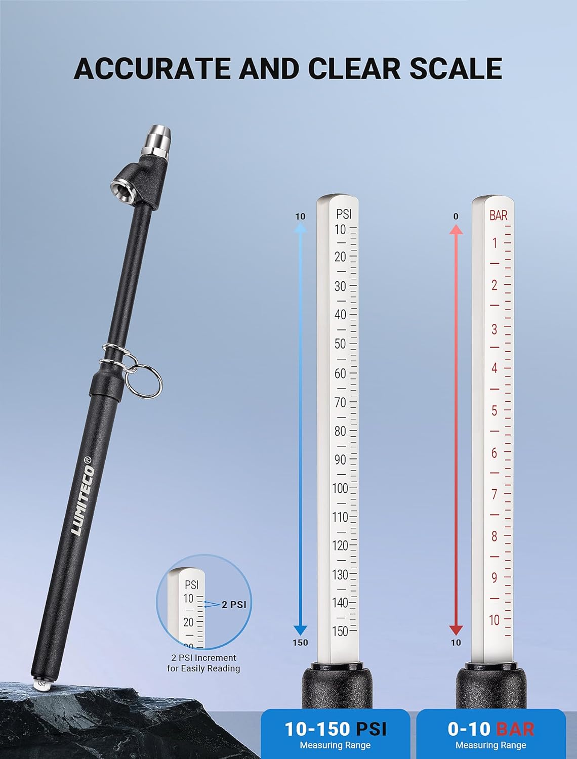2-Pack Dual Head Tire Pressure Gauge, Heavy Duty Truck Tire Air Gauge Range 10-150PSI 1-10Bar, Straight-On Pencil Air Pressure Gauge Extended Tube for Semi Truck, Car Tire Pressure Checker