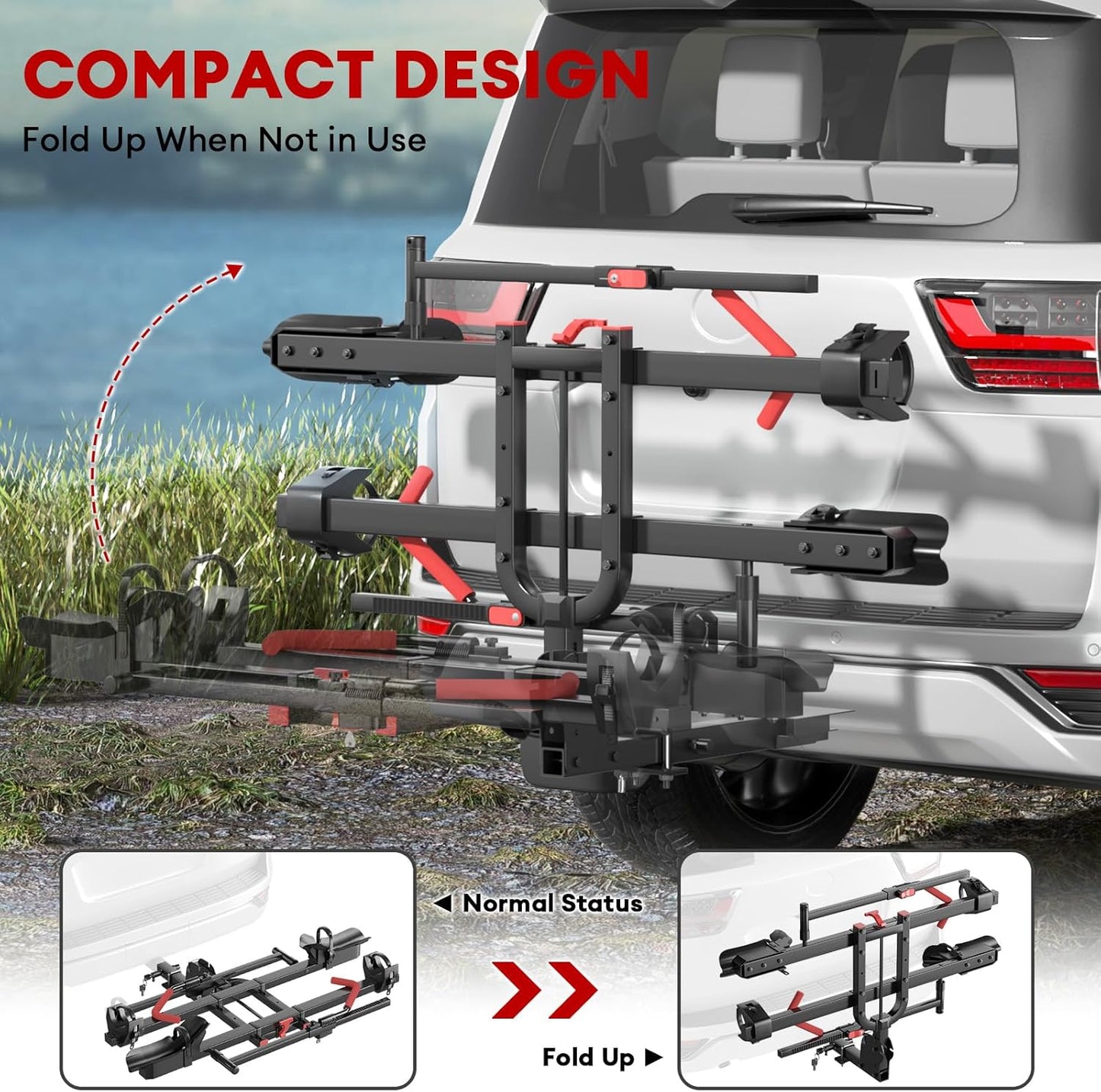 Hitch 2 EBike Rack with Ramp, 170lbs Capacity Foldable Electric Bike Carrier for 2 Heavy Ebike, Up to 5" Fat Tire Bicycle for 2" Receiver for Car, SUV, RV, Truck, Black