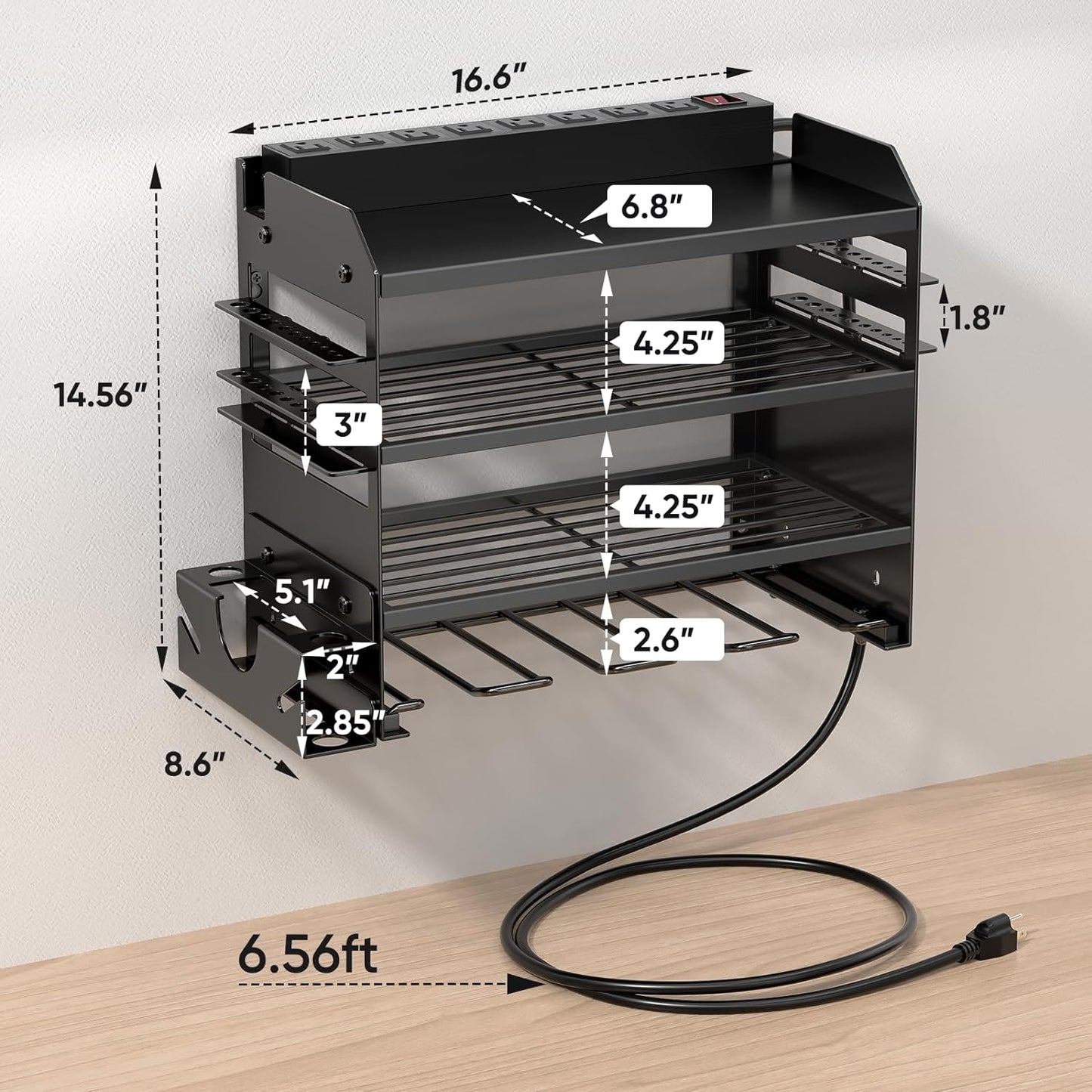 Power Tool Organizer Wall Mount with Charging Station,Tool Storage Rack with 8 Outlet Power Strip,Heavy Duty Metal Battery Utility Rack with 4 Cordless Drill Holder 6.56 Ft Cord for Garage