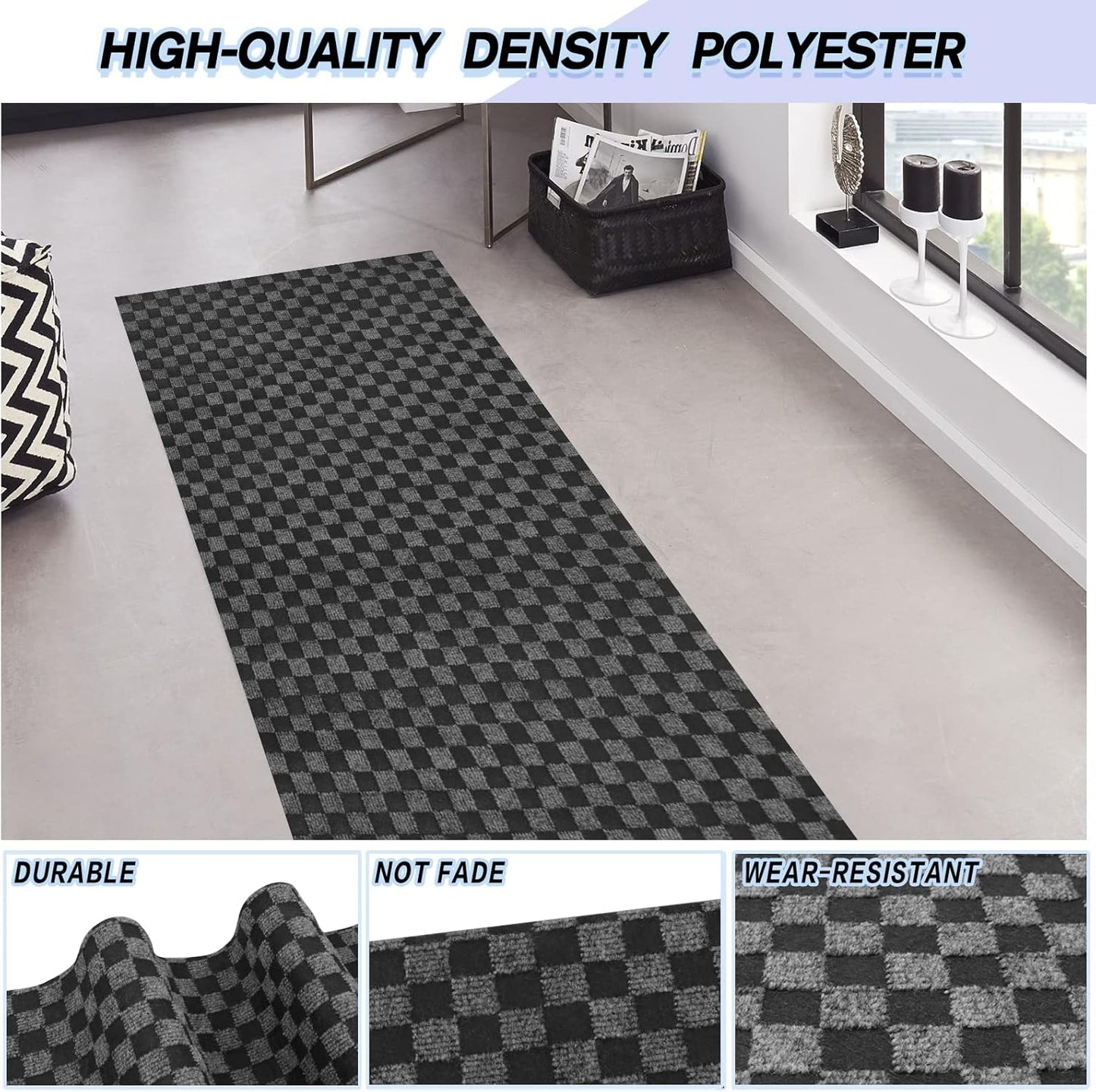 Custom Size Backed Non-Slip Area Rugs Runner, Easy Clean, Waterproof Runner Rugs for Hallway Entryway, Kitchen, Laundry, 4FT x 61FT, Gray Checkered