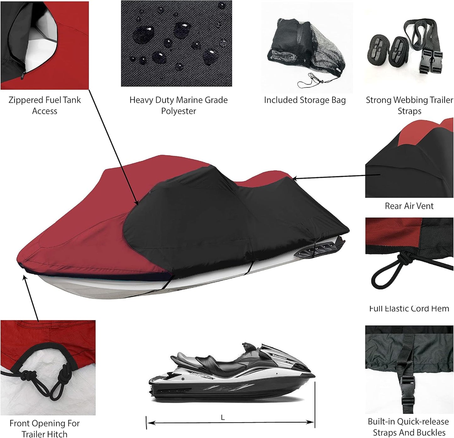 Trailerable Jet Ski Cover, Waterproof Marine Grade 600D Heavy Duty Polyester PWC Cover Burgundy/Black Fits from 116"-125" 2 Seater