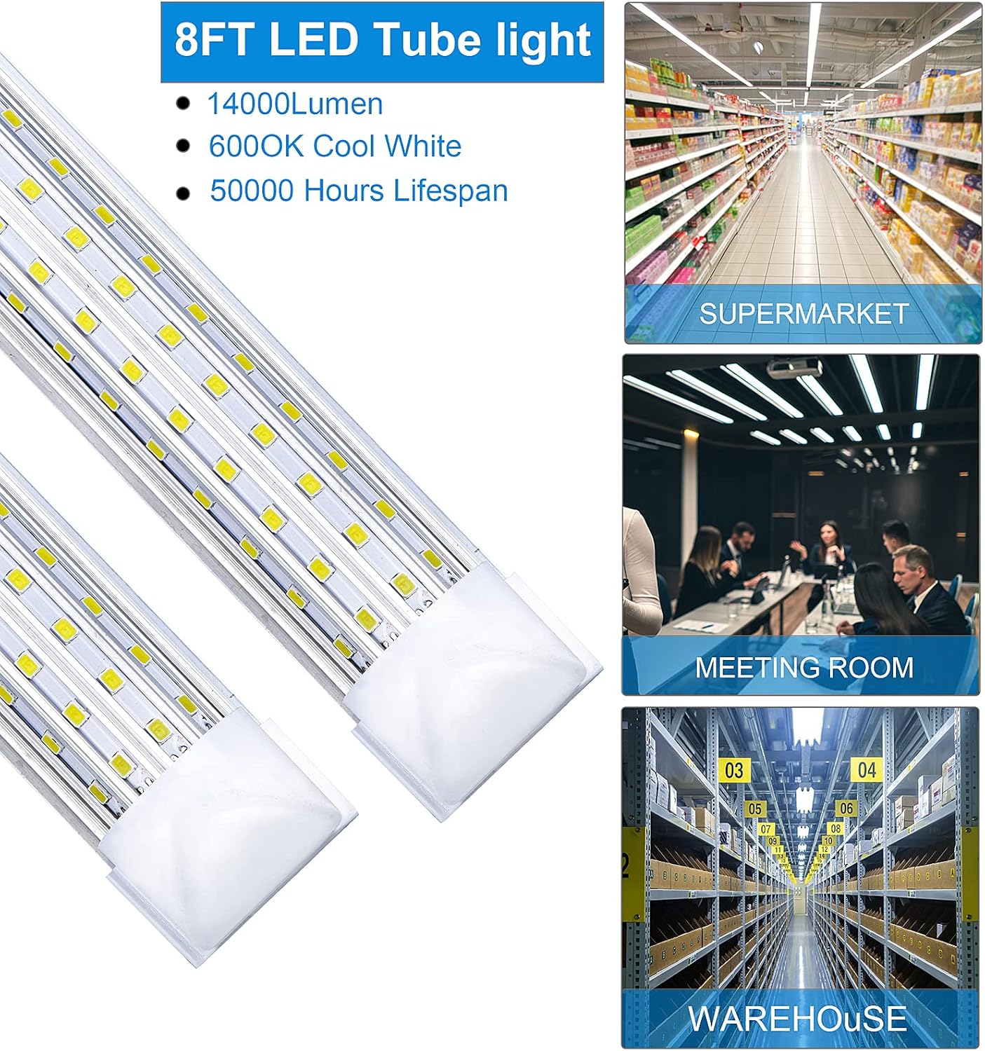 6 Pack, LED Shop Light, 4FT 72W 7500LM 5000K, Daylight White, U Shape, Clear Cover, Hight Output, Linkable Shop Lights, T8 LED Tube Lights, LED Shop Lights for Garage 4 Foot with Plug