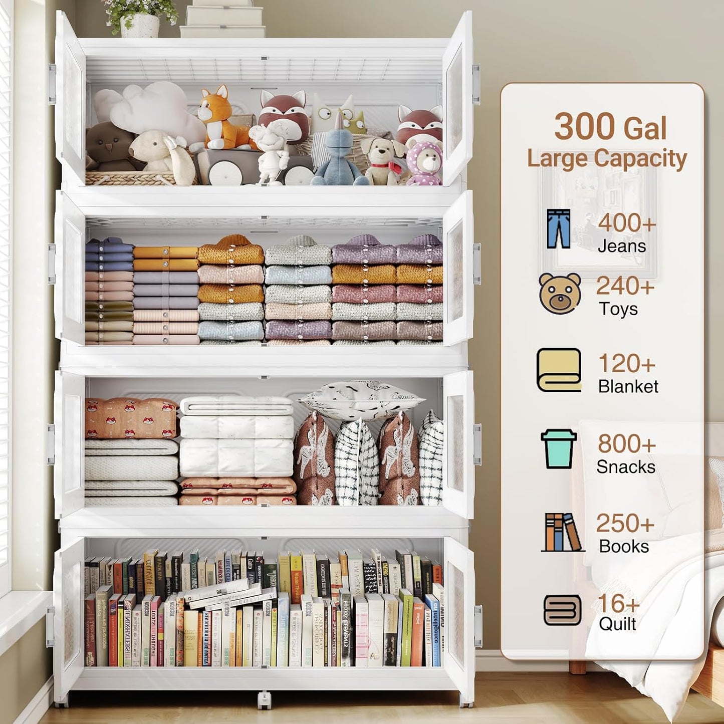 900 Qt Stackable Storage Bin with Lid, 225Gal Extra Large Collapsible Storage Boxes, Folding Plastic Drawer, Heavy-Duty Store Cabinet, Closet Organizer for Home Kitchen, 3 Pack White