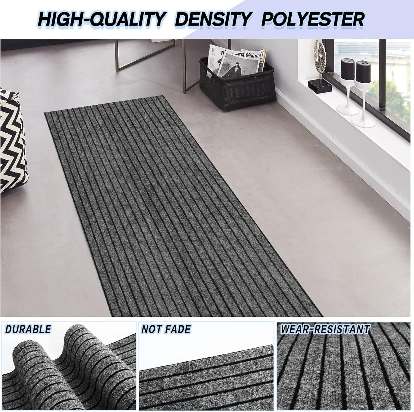 Custom Size Backed Non-Slip Area Rugs Runner, Easy Clean, Waterproof Runner Rugs for Hallway Entryway, Kitchen, Laundry, 2FT x 22FT, Gray Stripe