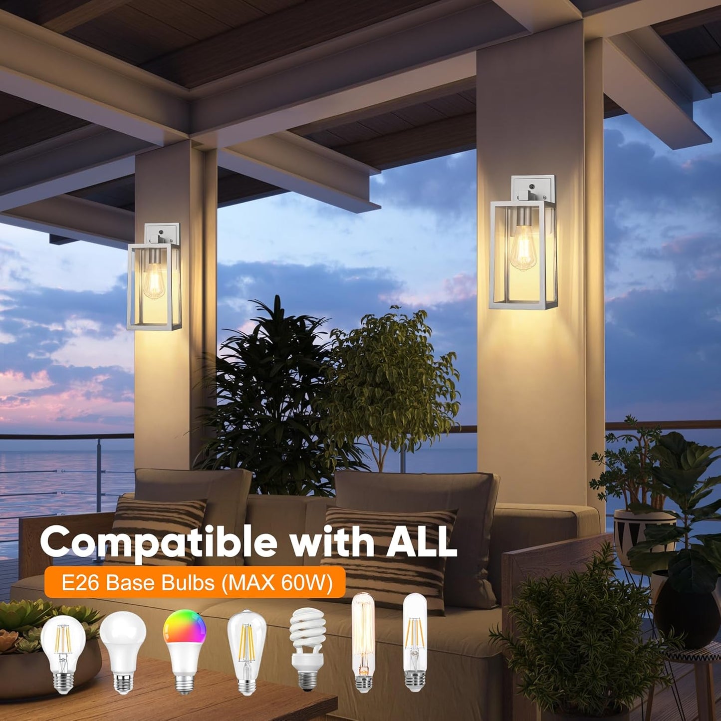 PARTPHONER Silver Dusk to Dawn Porch Lights Fixtures Wall Mount, Sensor Exterior Lighting Lamp set of 2, Anti Rust Wall Sconce, Waterproof Outdoor Wall Lantern for House Doorway, Garage, WTWL176AS2