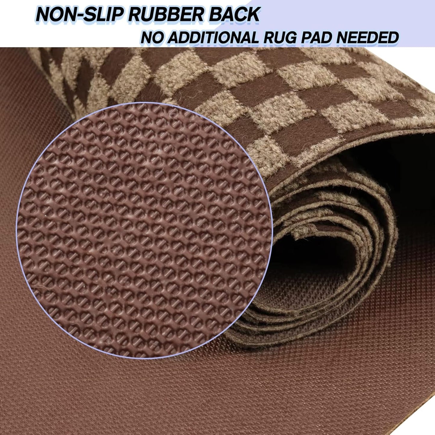 Custom Size Backed Non-Slip Area Rugs Runner, Easy Clean, Waterproof Runner Rugs for Hallway Entryway, Kitchen, Laundry, 4FT x 75FT, Brown Checkered
