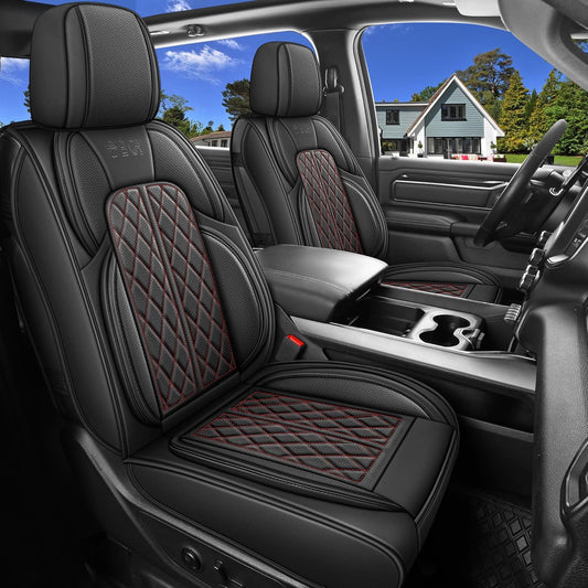 Car Seat Cover Custom Fit for Dodge Ram 1500 2500 3500 2002-2024 Faux Leather Seat Cover Set Compatible with Crew Quad Regular Cab Pickup Truck Cushions (Black Redline, Full Set, Flat Rear)