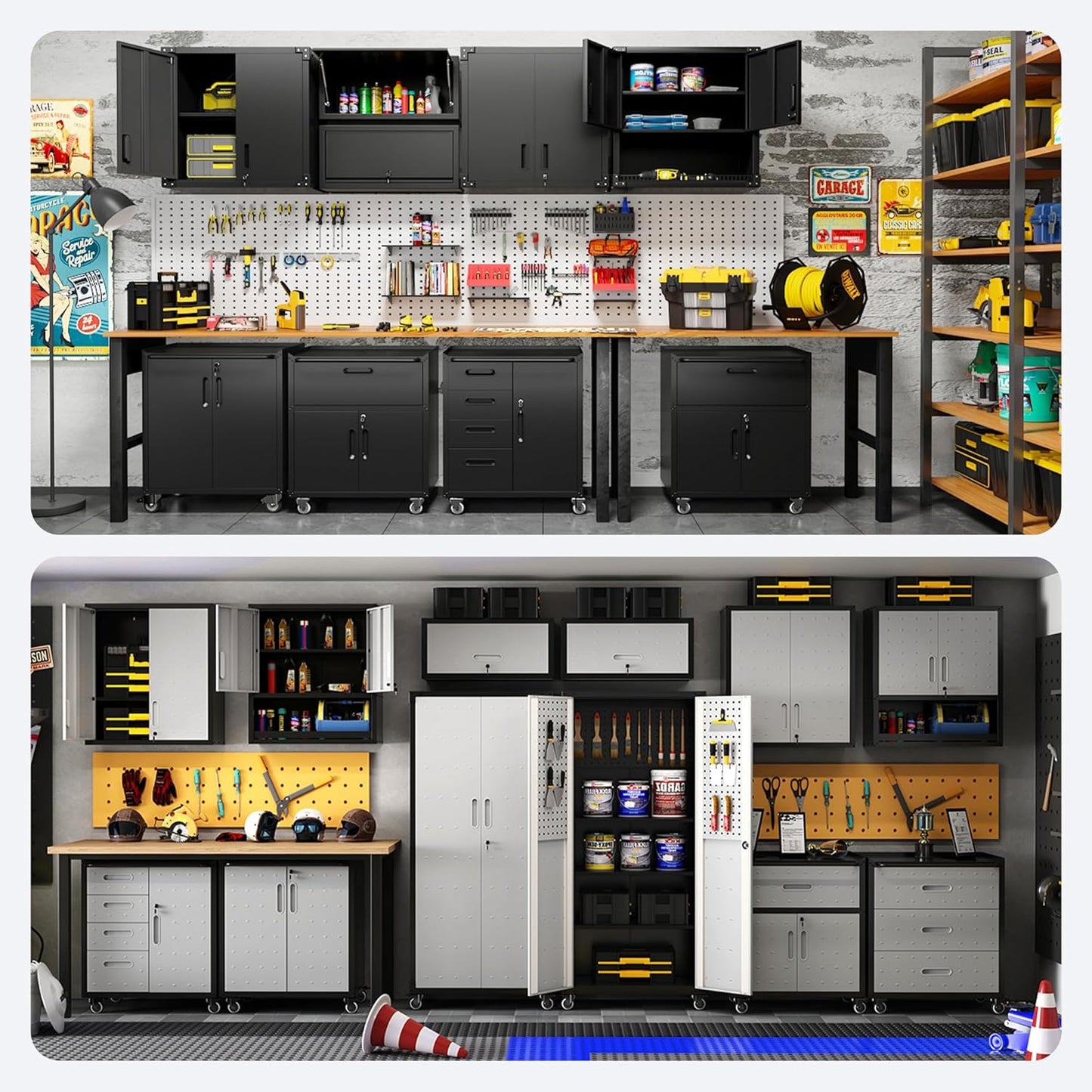Metal Tool Cabinet,Garage Storage Cabinet System,Wall Cabinet & Locking Rolling Tool Cabinet with Doors and Adjustable Shelves,Steel Tool Cabinets for Home,Office (7 Pcs-StyleA, Black)