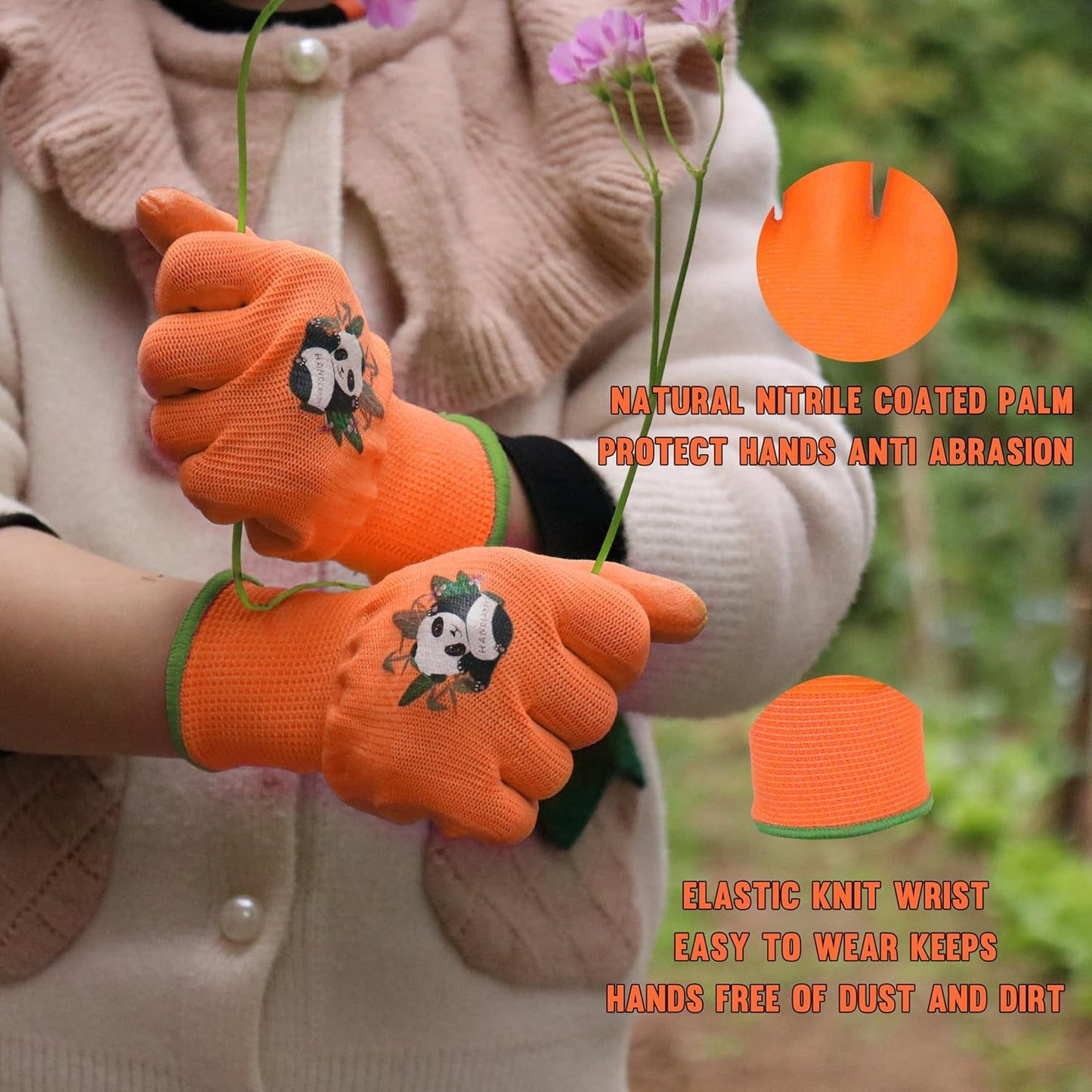 HANDLANDY 2 Pairs Kids Gardening Gloves, Toddler Children Garden Yard Work Outdoor Playing Gloves, Rubber Coating, for Girls Boys Youth (Size S, Orange)