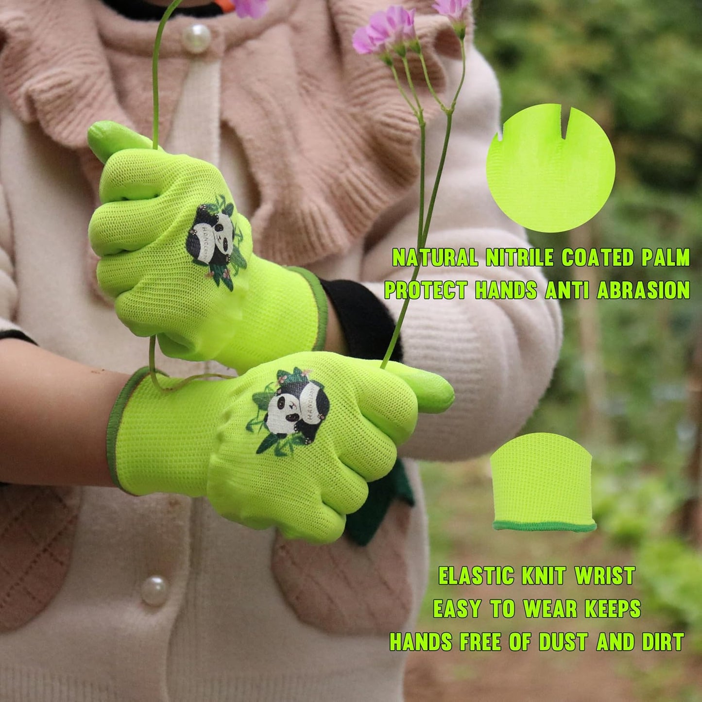HANDLANDY 2 Pairs Kids Gardening Gloves, Toddler Children Garden Yard Work Outdoor Playing Gloves, Rubber Coating, for Girls Boys Youth (Size XXL, Green)