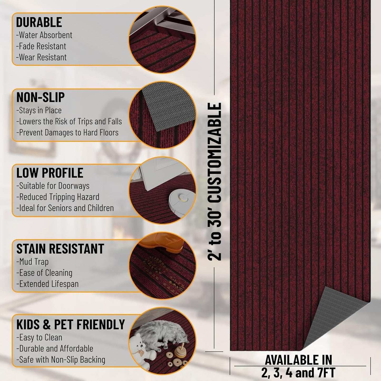 Ottomanson 2'7" x 12' Hallway Runner with Scraper Pile Extra Durable Non-Slip Rug Mat for Indoor & Outdoor Use - Ideal for Kitchen, Entryway, Patio & Garage - High-Traffic Carpet, Red