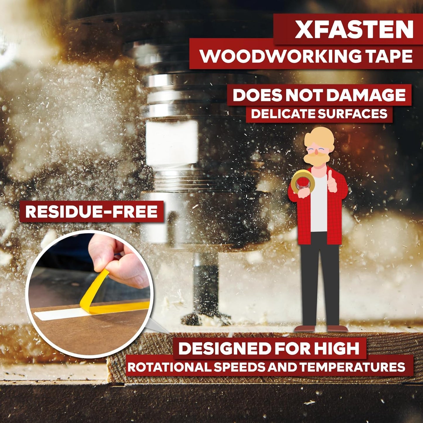 XFasten Bulk Double Sided Woodworking Tape 1-inch 1,296-Feet Total (12-Pack) Residue-Free Woodworking Tool for CNC Routing Machine, Removable Double Sided Tape for Woodworking Router Template