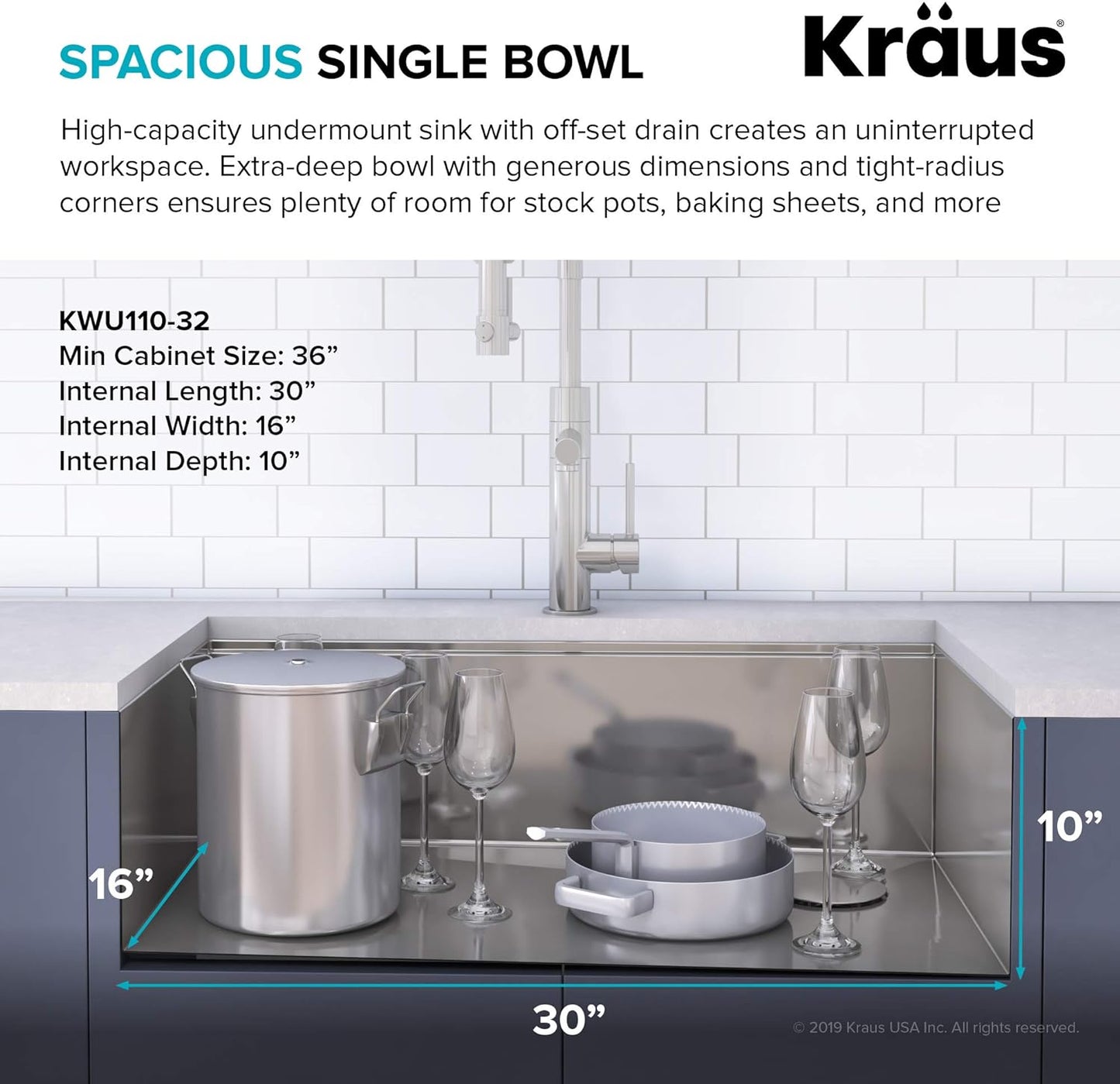 Kraus KWU110-32-100-100MB, Kore Workstation 32-inch Undermount 16 Gauge Single Bowl Stainless Steel Kitchen Sink with WasteGuard 1 HP Continuous Feed Garbage Disposal