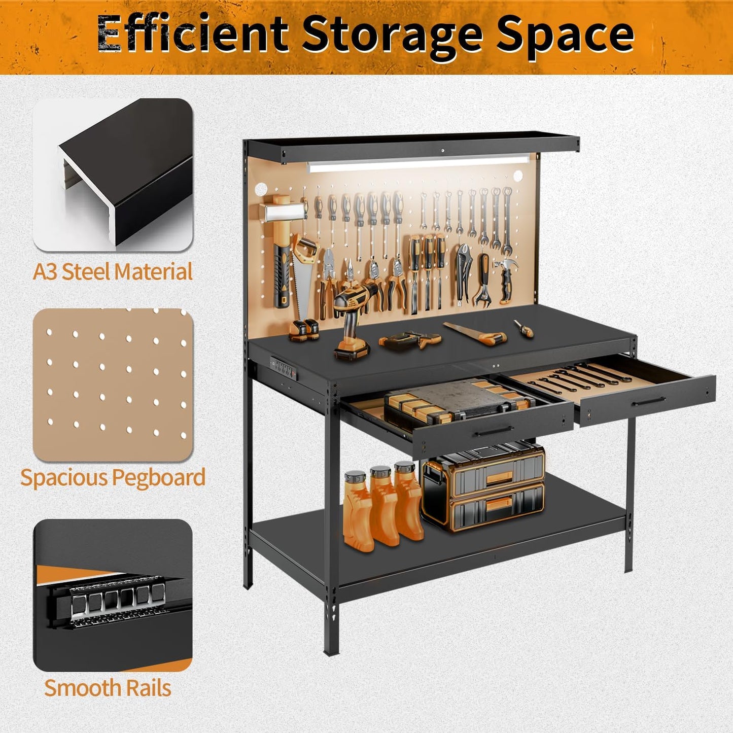 Work Bench, Work Benches for Garage, Work Table, A3 Steel 600LBS Capacity Workbench for Garage Tool Storage Workshop Basement, Tool Table Bench