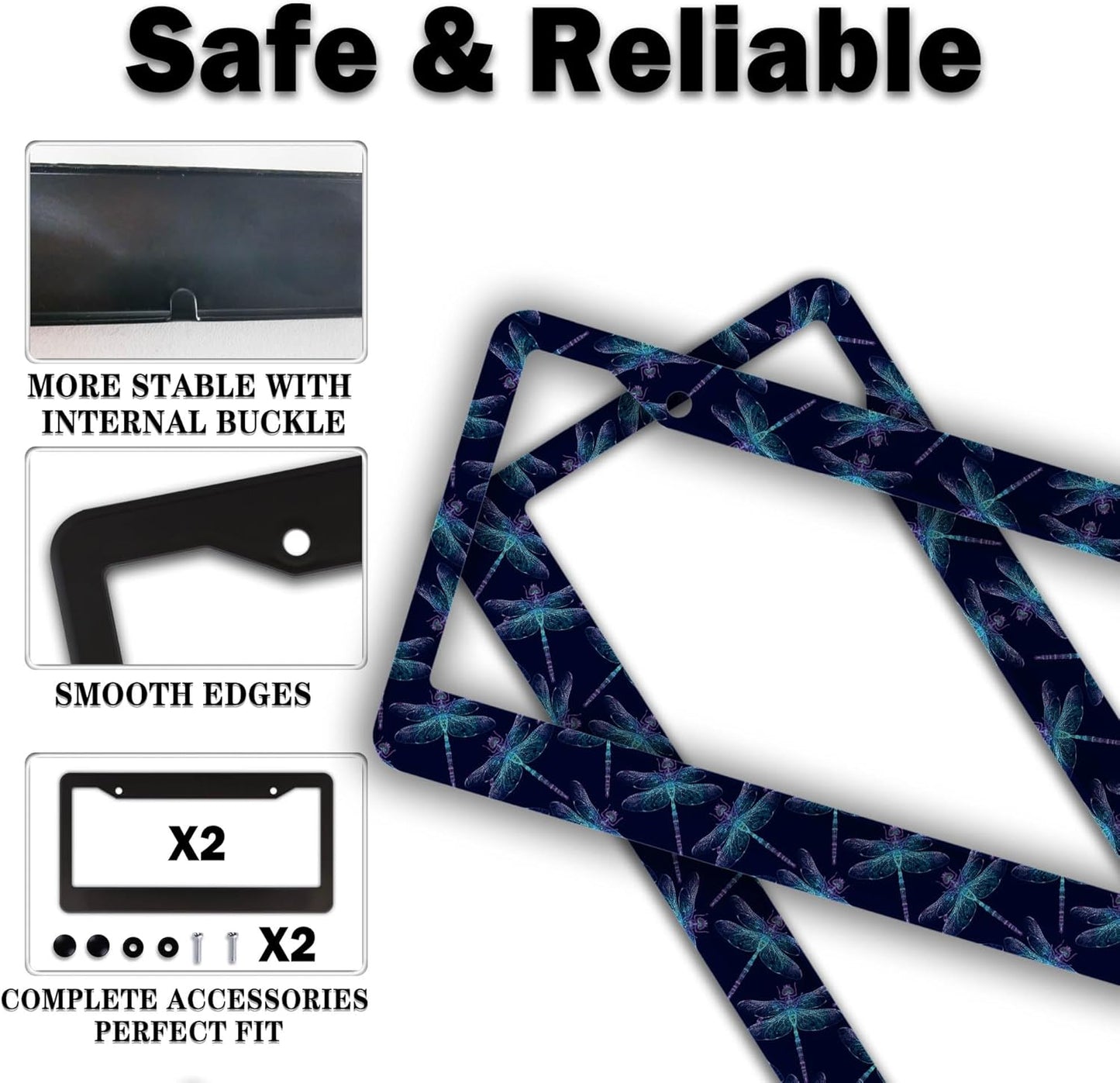 License Plate Frames Black Blue Automotive Exterior Accessories Beautiful Dragonfly Insects Aluminum Metal Car Accessory 2 Pack with Screw Covers Set