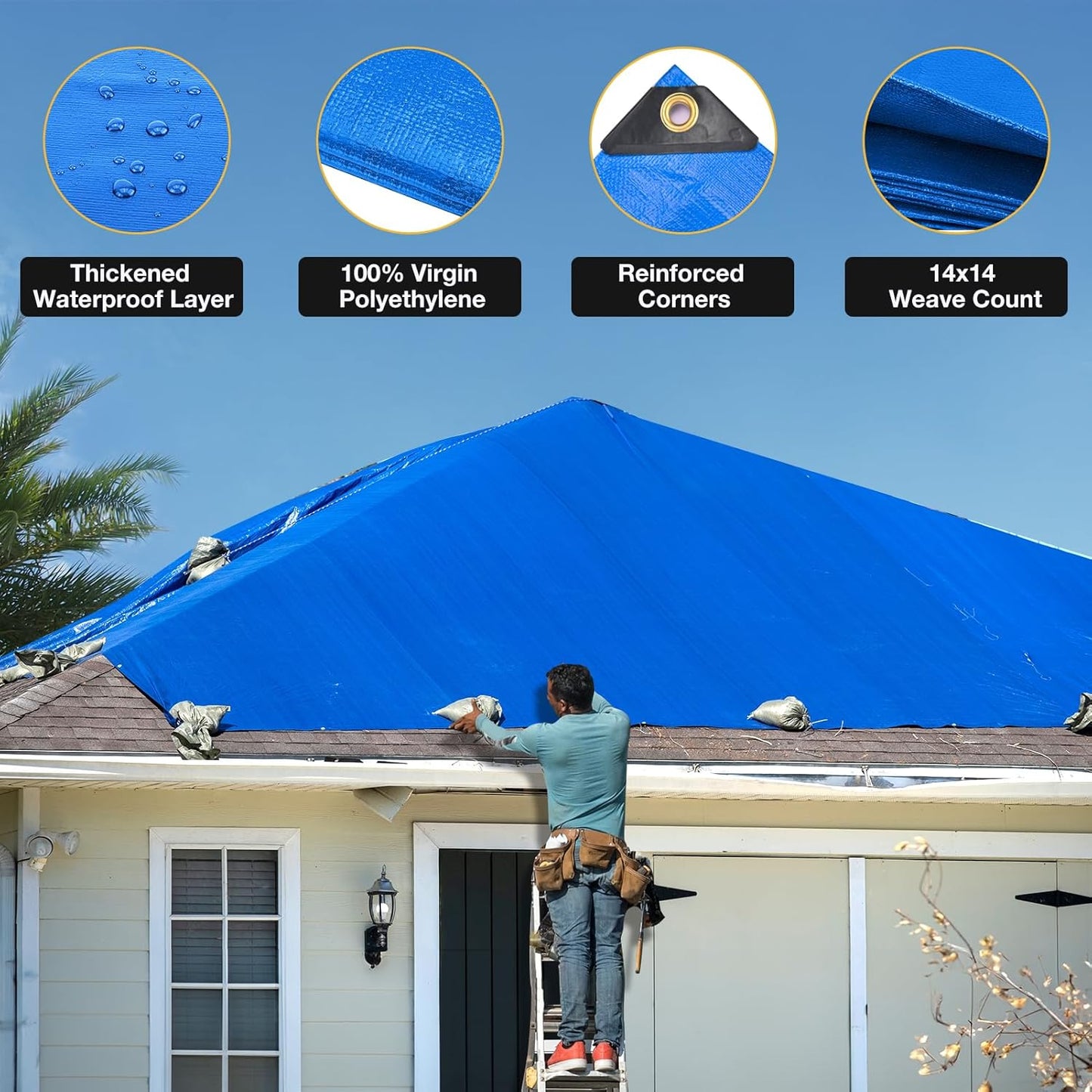 Tarp 12x16 Feet 14 Mil Heavy Duty Waterproof Tarp, Large Multipurpose Cover with Brass Grommets and Reinforced Edges, UV Resistant Thick Poly Tarps for Outdoor Camping Tent Pool Car, Blue
