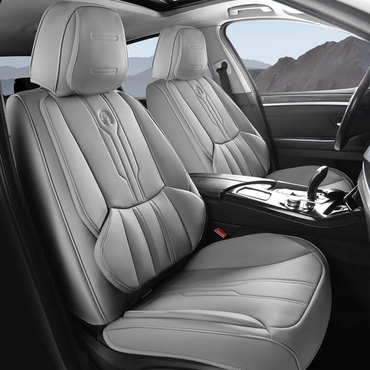 AOOG Front Seat Covers, Car Seat Covers Front Seats, Leather Seat Covers for Cars, Waterproof Seat Covers with Lumbar Support Universal Fit for Most Cars SUV Trucks(Front Pair, Grey)