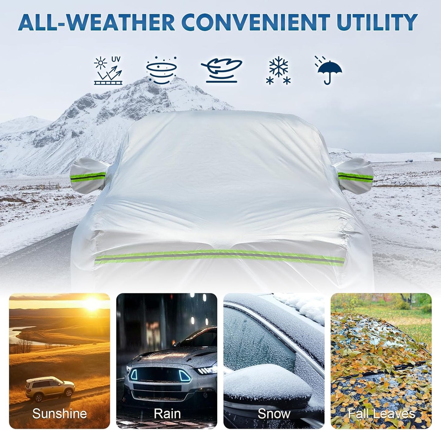 KEYOOG 6-Layer Full Car Cover is All-Weather Waterproof, Universal in All Seasons, Snow Prevention Rainproof, Acid Rainproof, Sunscreen, Ultraviolet-Proof, Fit MPV 199"-210" Green Reflective Strip