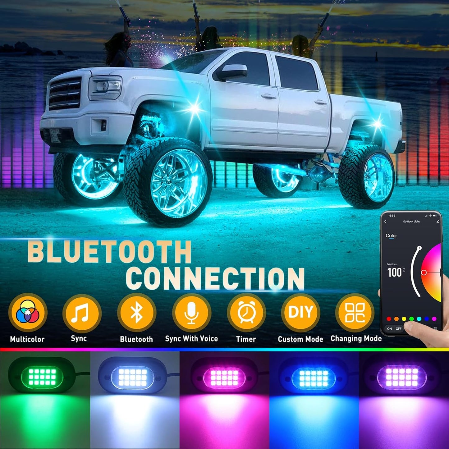 LED Rock Lights for Trucks 4 pods, RGB Rock Lights for UTV with Music Mode, Neon Rock Light Kits for UTV ATV Golf Cart Four Wheeler RZR Truck