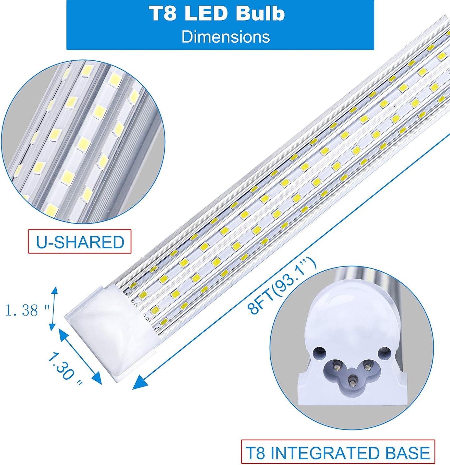 (6-Pack) 8ft LED Shop Light Fixture, 144W 18500LM 6000K, Cold White, U Shape, Clear Cover, Hight Output, Linkable Shop Lights, T8 LED Tube Lights, 8 LED shop lights for garage 8 foot with plug