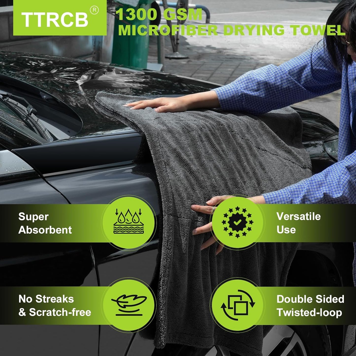 2 Pack Car Drying Towel, Microfiber Towels for Cars (36" x 24"), 1300 GSM Ultra-Absorbent, Streak Free, Premium Double Twisted-Loop Drying Towels Car Detailing with Car Wash Mitt for SUV, RV, Truck