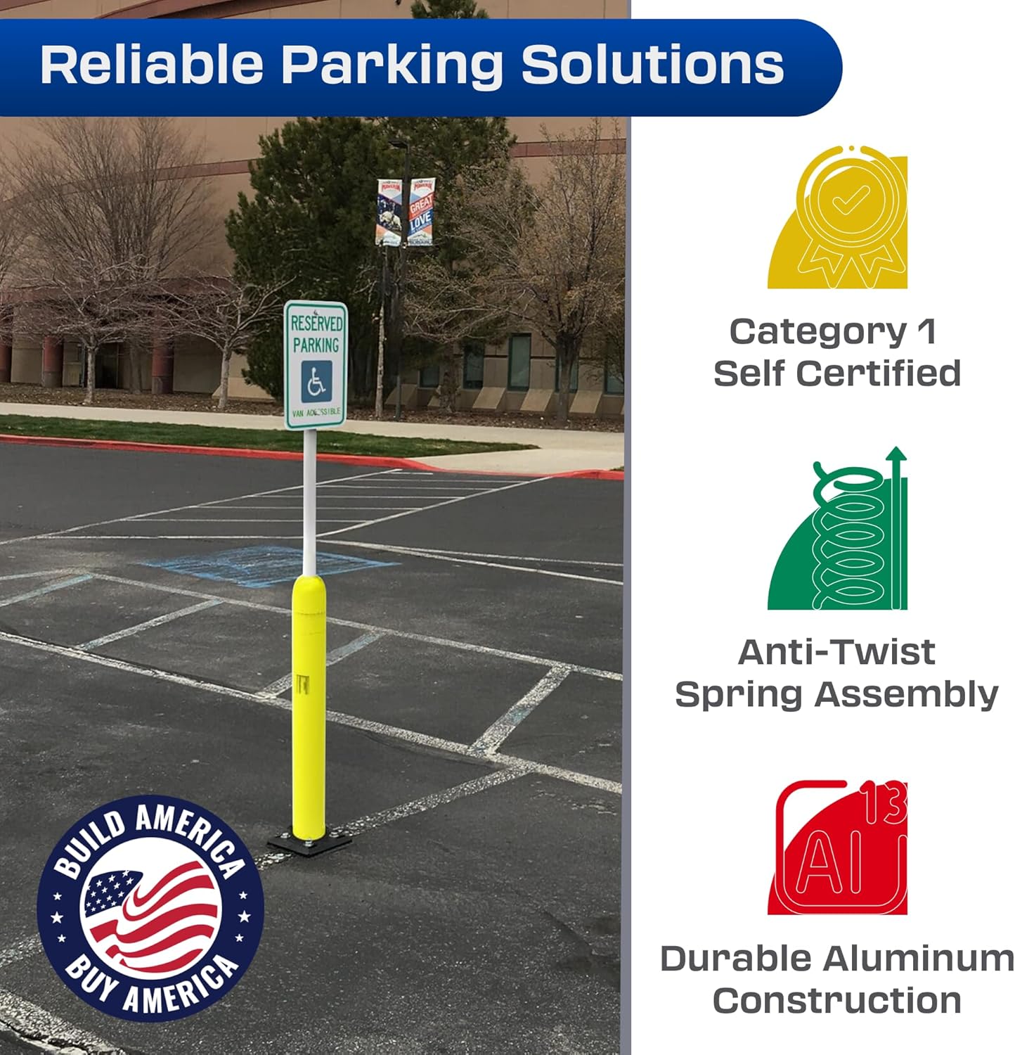 Impact Recovery - Sta-Rite Flexible Sign Post - Sign Holder - Handicap Parking Signs - Made in the USA - 102” with Yellow Bollard - Van Accessible Signage