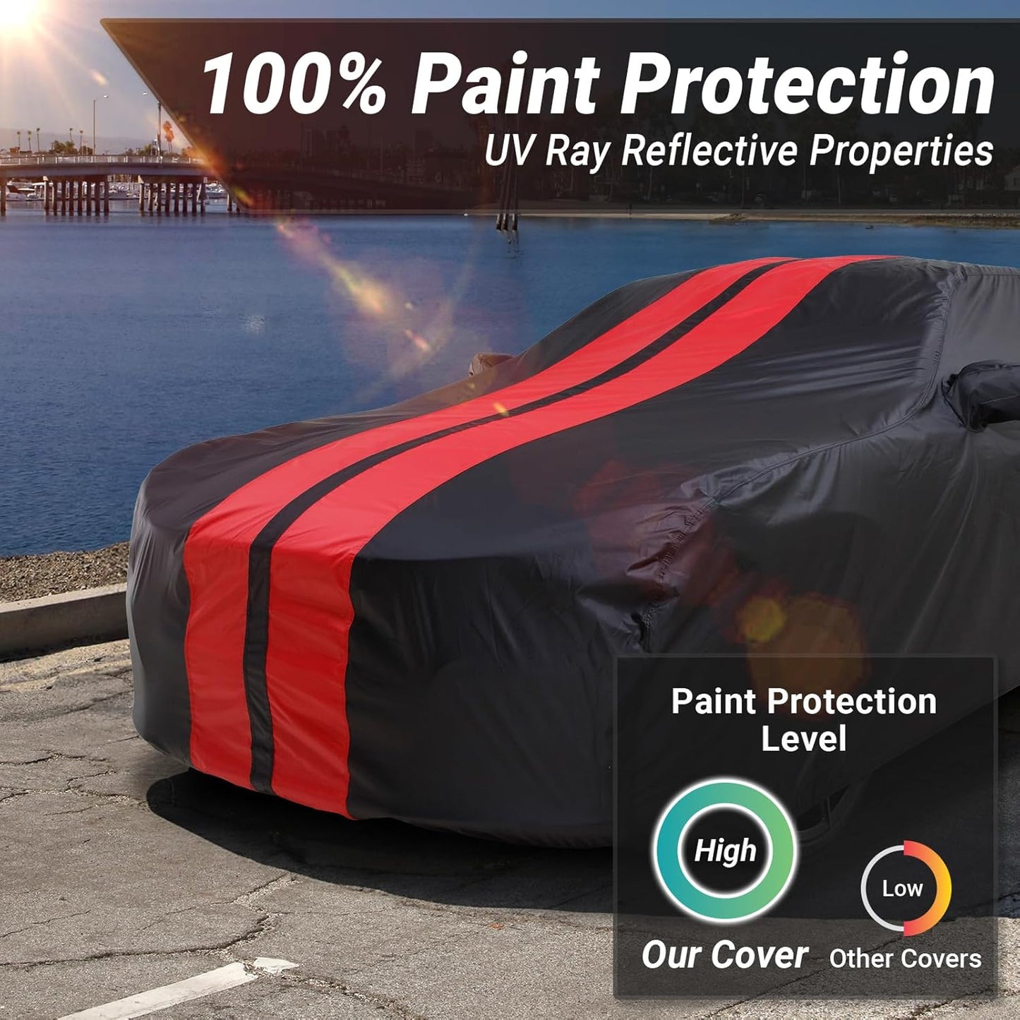 iCarCover Custom Car Cover Compatible with Camaro 2010-2023, Waterproof All Weather Rain Snow UV Sun Protector Full Exterior Indoor Outdoor Car Covers, Stripe (Black/Red)