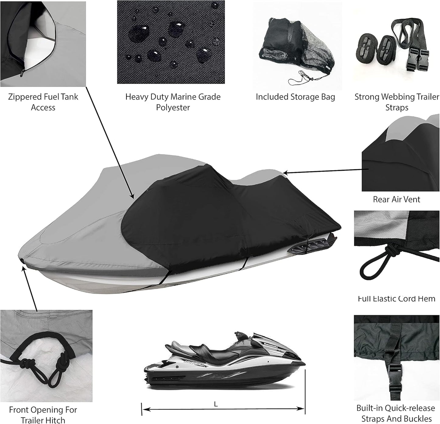 Trailerable Jet Ski Cover, Waterproof Marine Grade 600D Heavy Duty Polyester PWC Cover Gray/Black Color Fits from 96"-102" 1 Seater