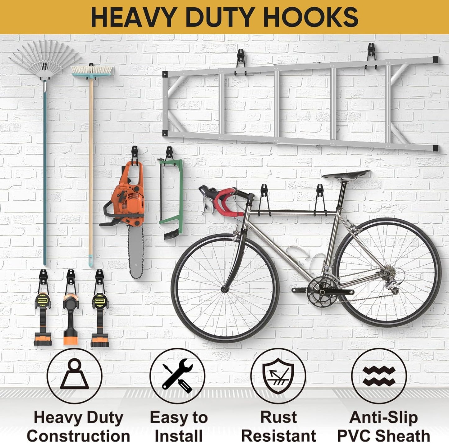 TICONN 2 Pack Heavy Duty Garage Hooks, Steel Utility Wall Storage Hooks, Wall Mount Hanger Organizer for Ladders, Bikes, Tools, Bulky Items (Medium, Yellow Square)