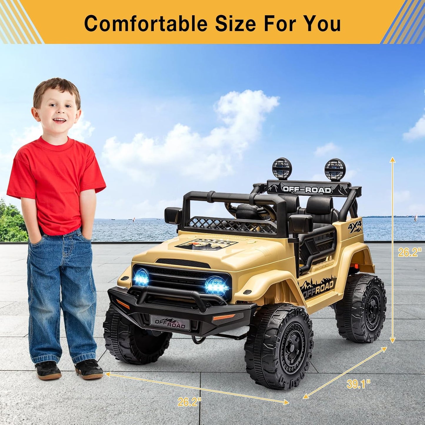 Garvee 12V Kids Ride On Truck Car with Remote Control - Electric Ride On Toys for Toddlers, Spring Suspension, 3 Speeds, LED Lights, Bluetooth Music & Parent Safety Brake