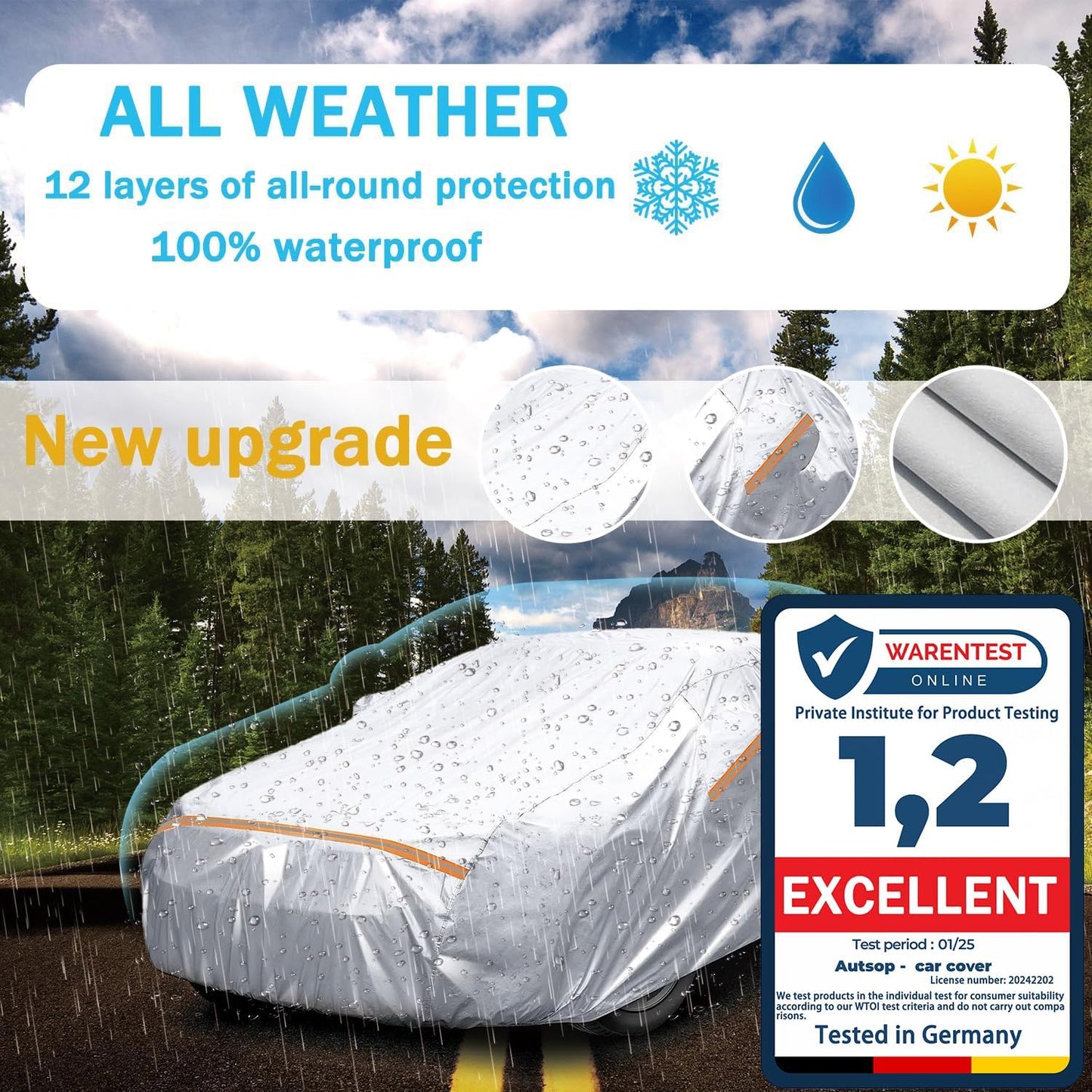 Autsop SUV Car Cover Waterproof All Weather,12-Layer Car Covers for Automobiles Outdoor Heavy Duty Full Exterior Covers for SUV(Up to 175 inch)