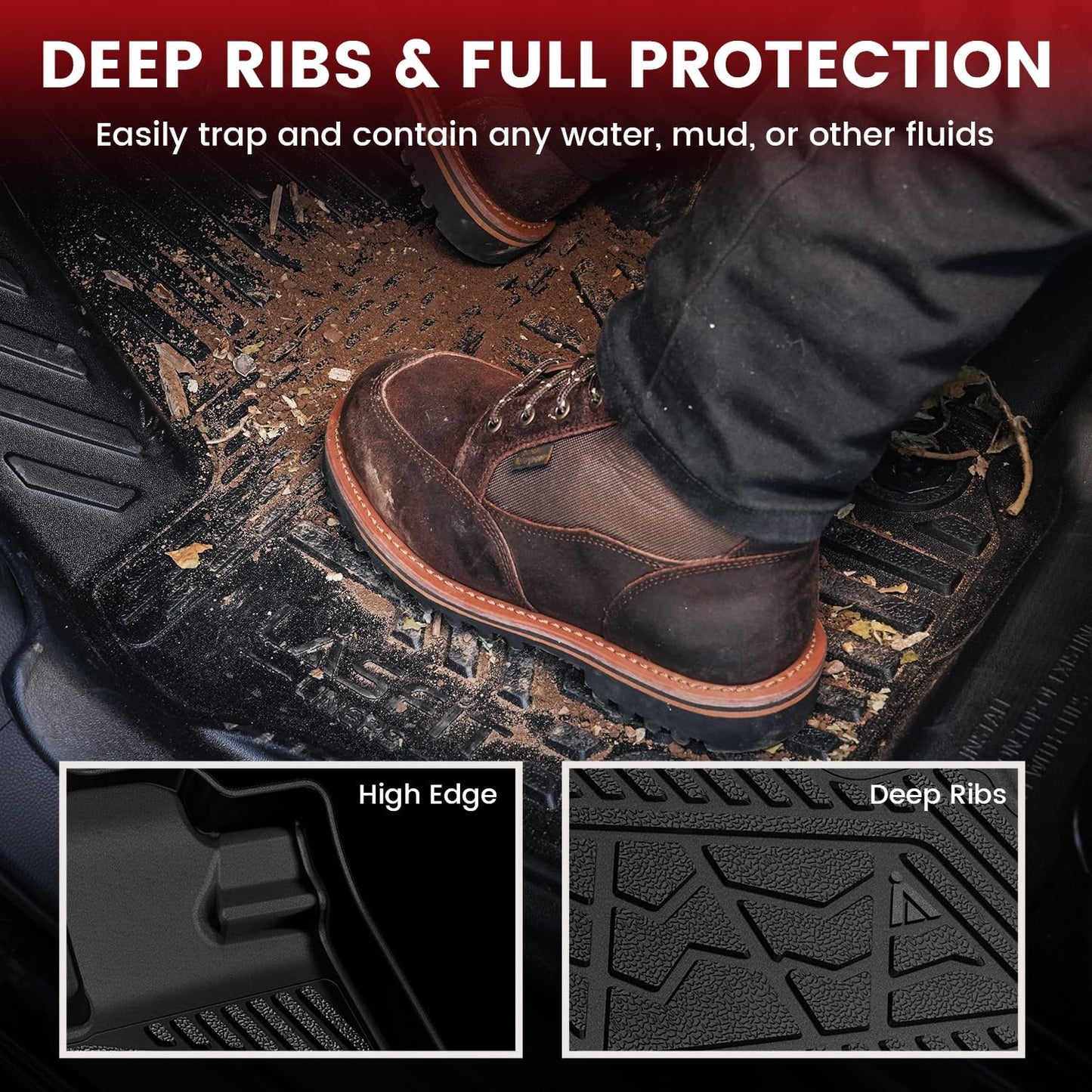 LASFIT Floor Mats for Honda Ridgeline 2025 2024 2023-2017 Crew Cab, All Weather Protection TPE Non-Slip Custom Fit Automotive Accessories Floor Liners 1st & 2nd Row, Black