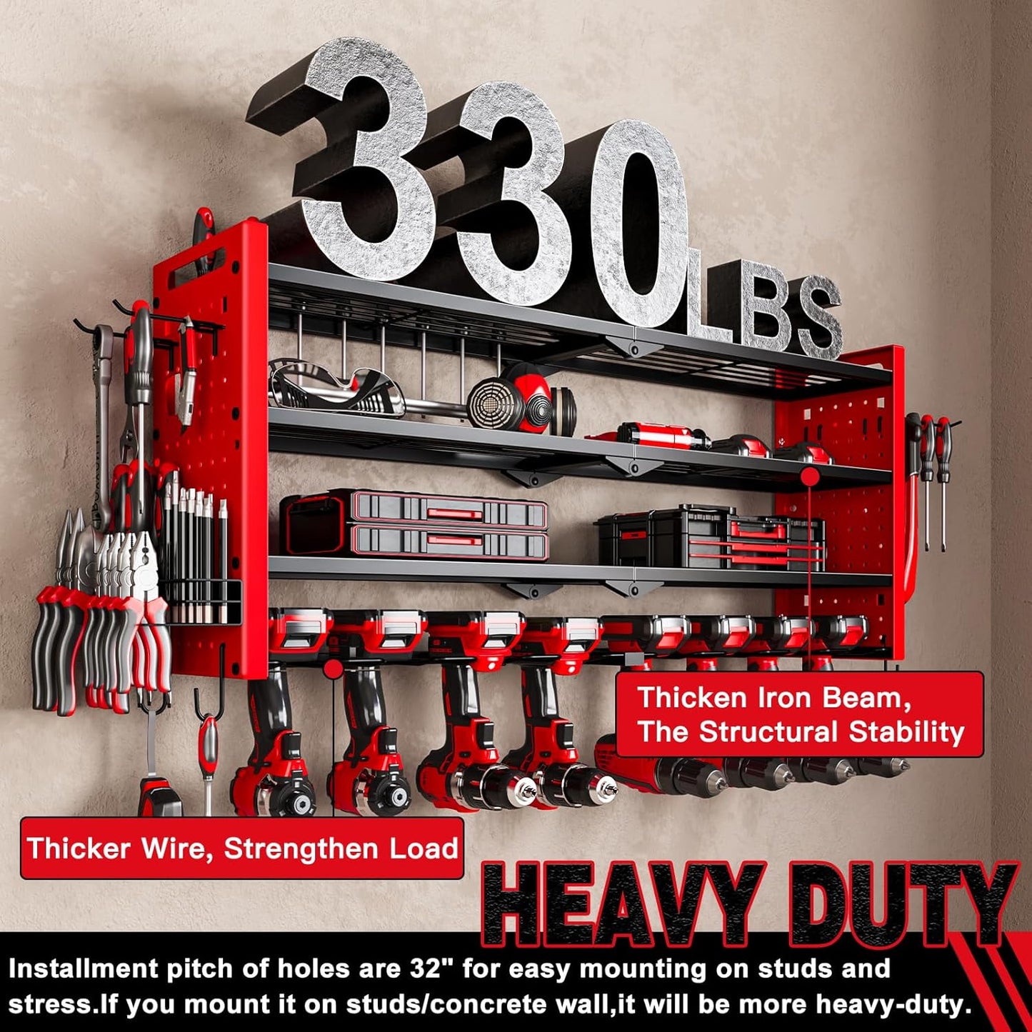 Power Tool Organizer Wall Mount,Cordless Drill Organizer,4 Layers Large Capacity Tool Rack with 8 Drill Holders (RED)