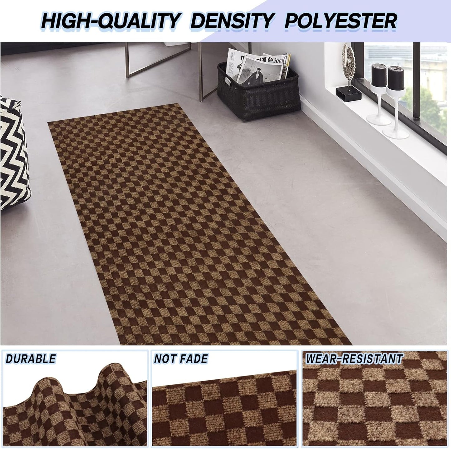 Custom Size Backed Non-Slip Area Rugs Runner, Easy Clean, Waterproof Runner Rugs for Hallway Entryway, Kitchen, Laundry, 2FT x 18FT, Brown Checkered