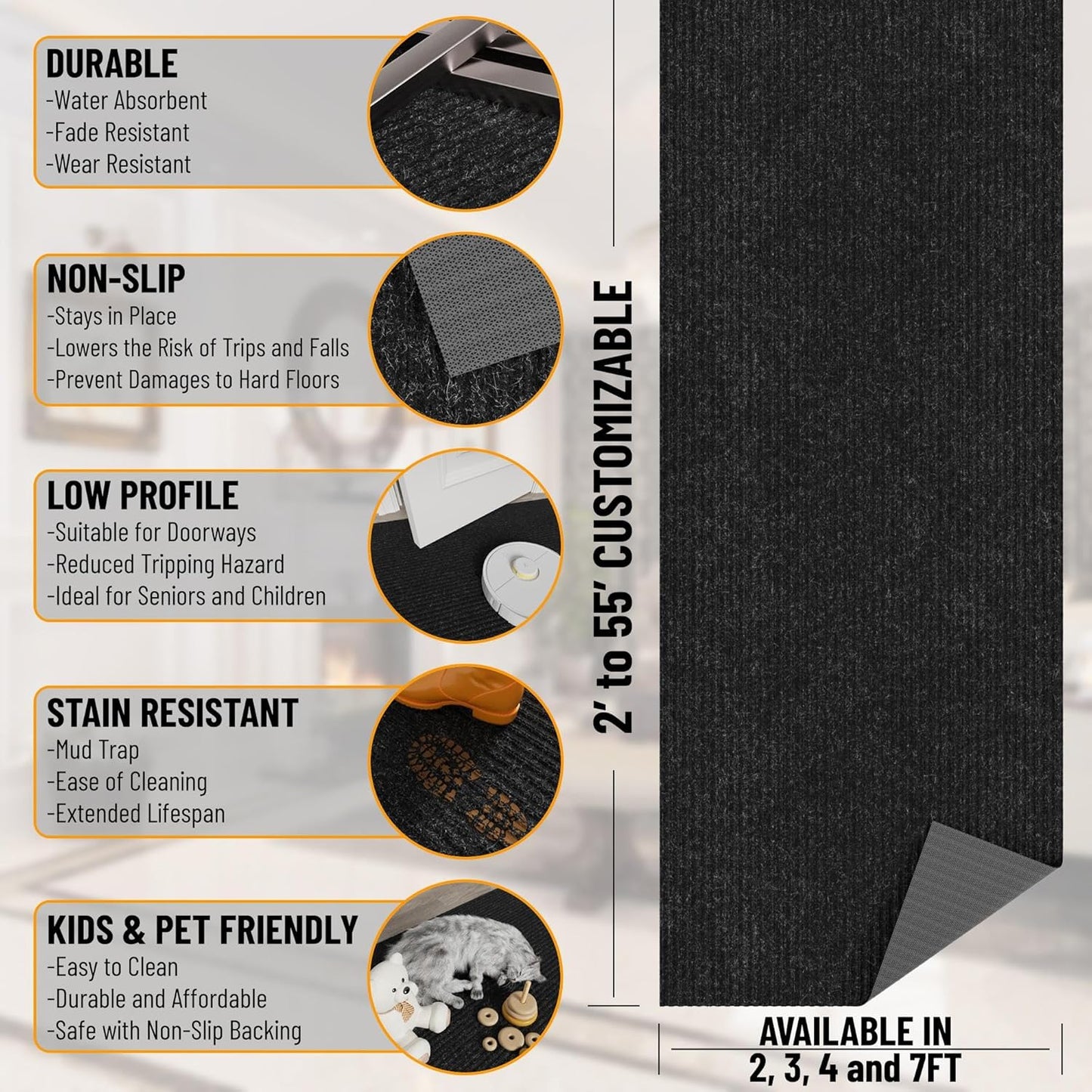 Ottomanson 6'6" x 17' Hallway Runner with Scraper Pile - Extra Durable Non-Slip Rug Mat for Indoor & Outdoor Use - Ideal for Kitchen, Entryway & Garage - High-Traffic Carpet, Black