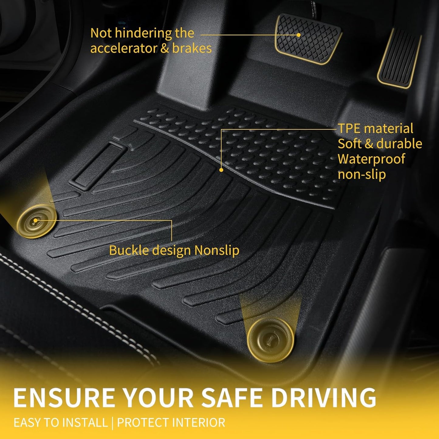 GINOWY- Floor Mats & Cargo Liner for Chevy Tahoe 2015-2020 & GMC Yukon (Only for Bucket Seat) TPE All Weather Protection Tahoe Car Mats, Non-Slip Trunk Mat Waterproof Accessories Floor Liners Black