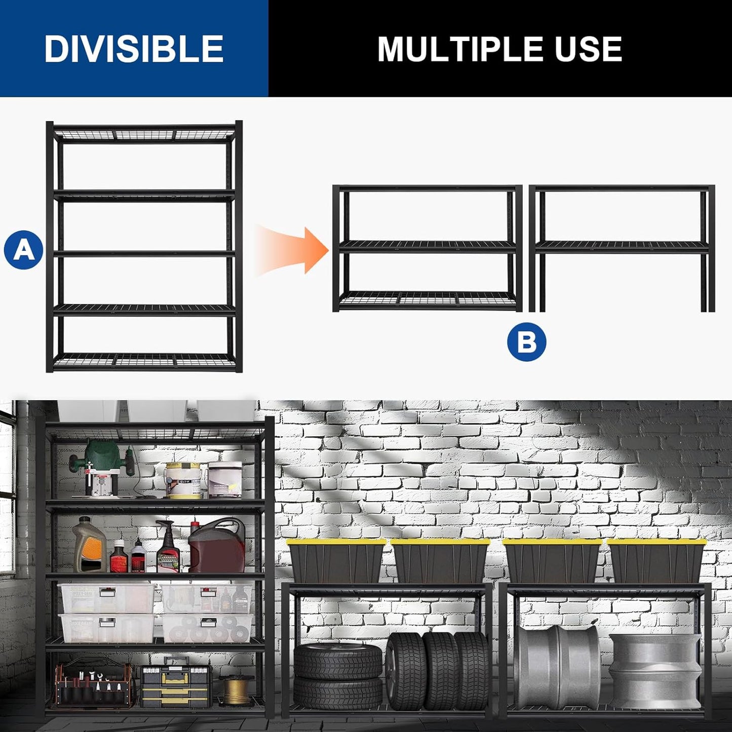 BILT HARD 48" W Garage Shelving 3000 LBS, 72" H x 18" D Storage Shelves, 5-Tier Industrial Heavy Duty Storage Shelves, Steel Shelving with Adjustable Rack, Black