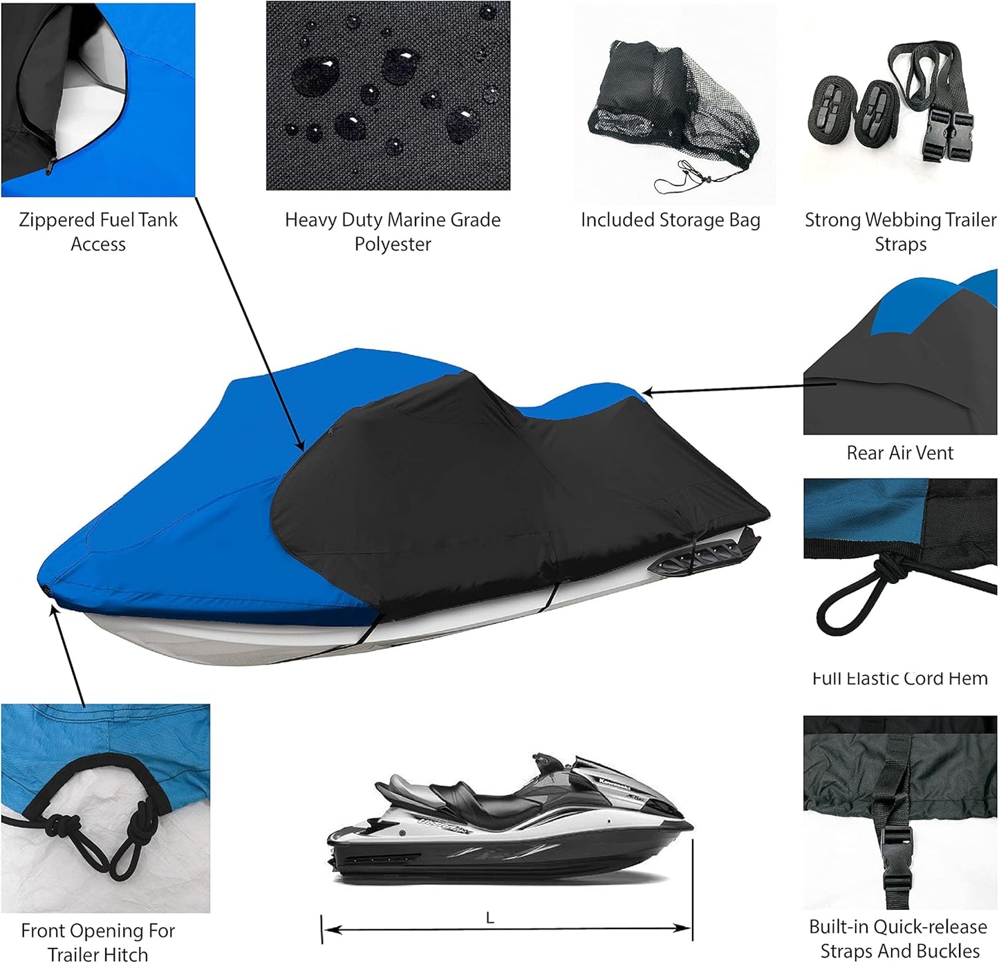 Trailerable Standup Jet Ski Cover, Waterproof Marine Grade 600D Heavy Duty Polyester PWC Cover Blue and Black Color